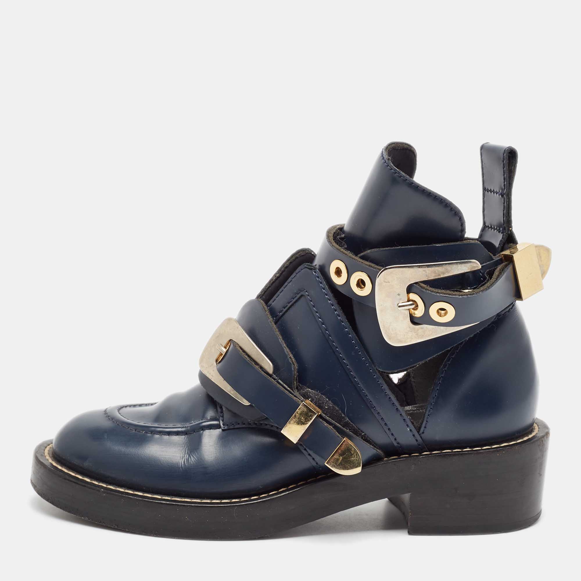 

Balenciaga Navy Blue Leather Ceinture Ankle Boots Size