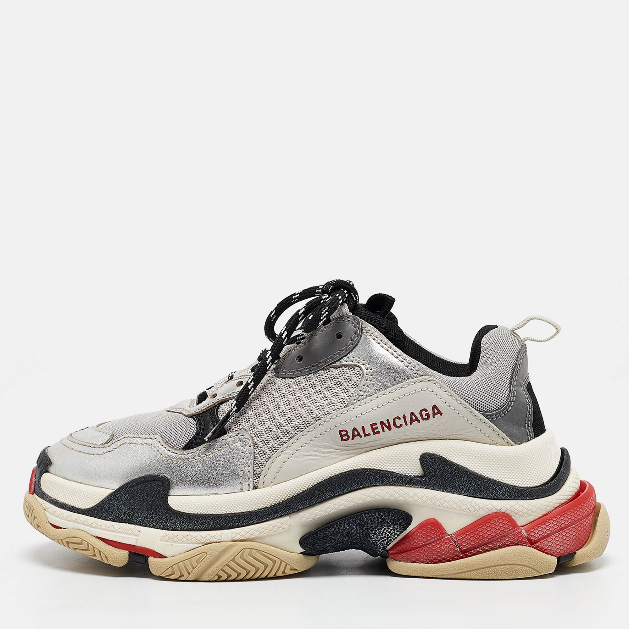 

Balenciaga Silver Faux Leather and Mesh Triple S Sneakers Size