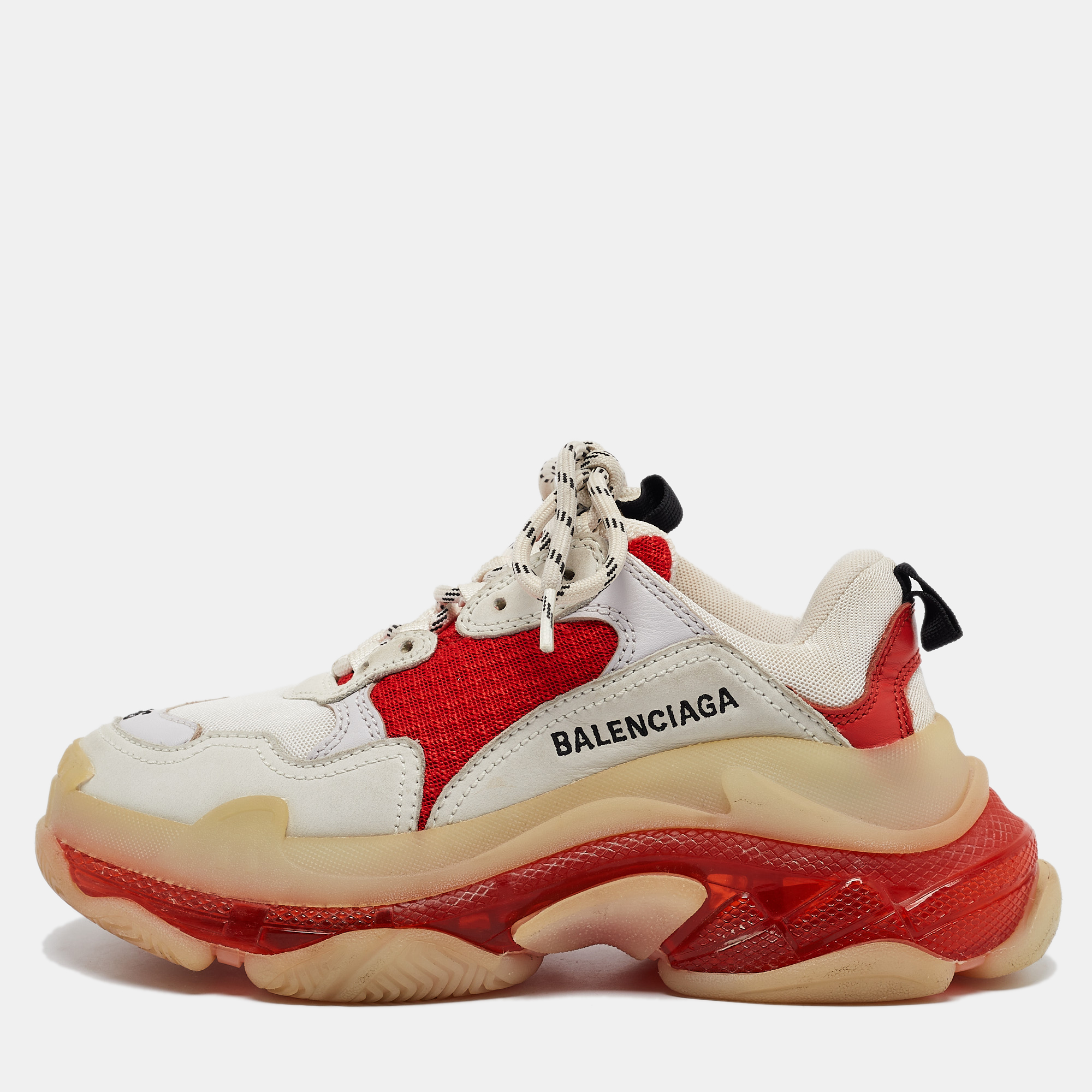 

Balenciaga White/Red Leather and Mesh Triple S Clear Sole Sneakers Size