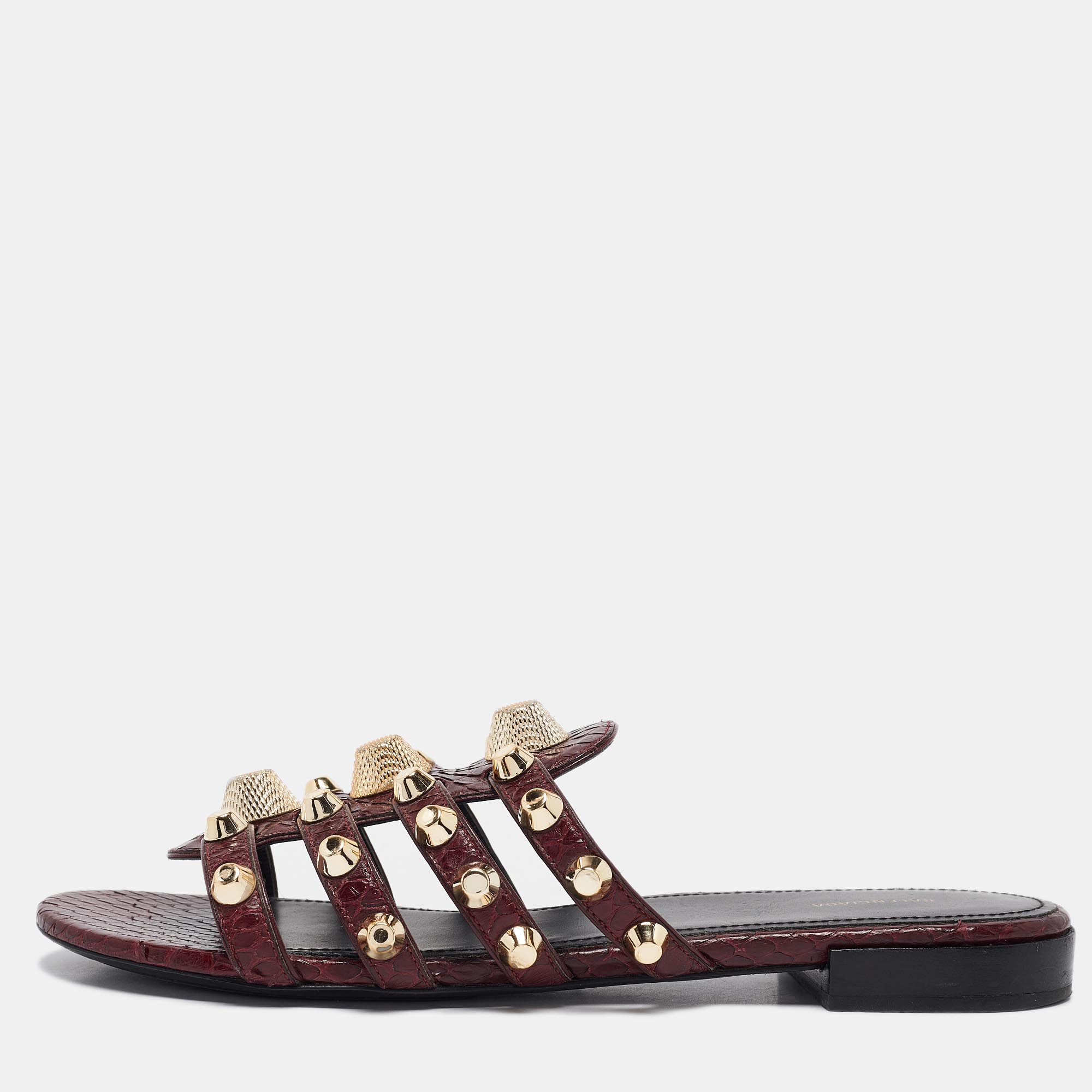 

Balenciaga Burgundy Embossed Python Studded Arena Flat Slides Size