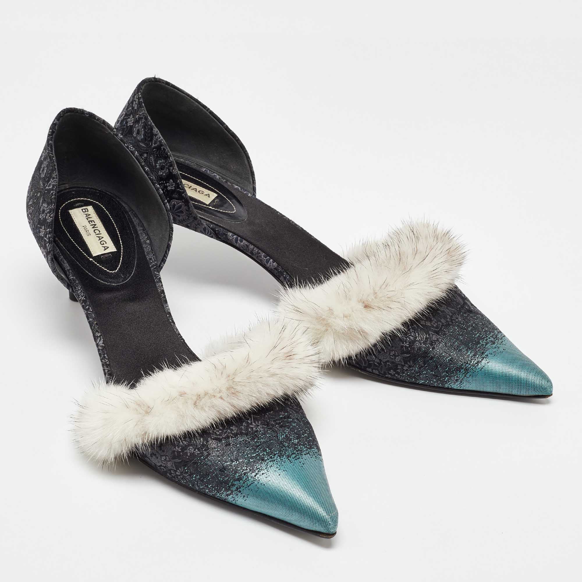 Balenciaga Multicolor Brocade Fabric and Mink Fur Pumps Size 40.5 
