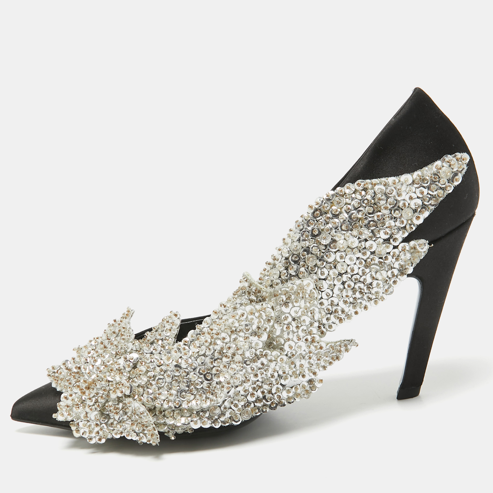 

Balenciaga Black Satin Sequins Embellished Talon Slash Pumps Size