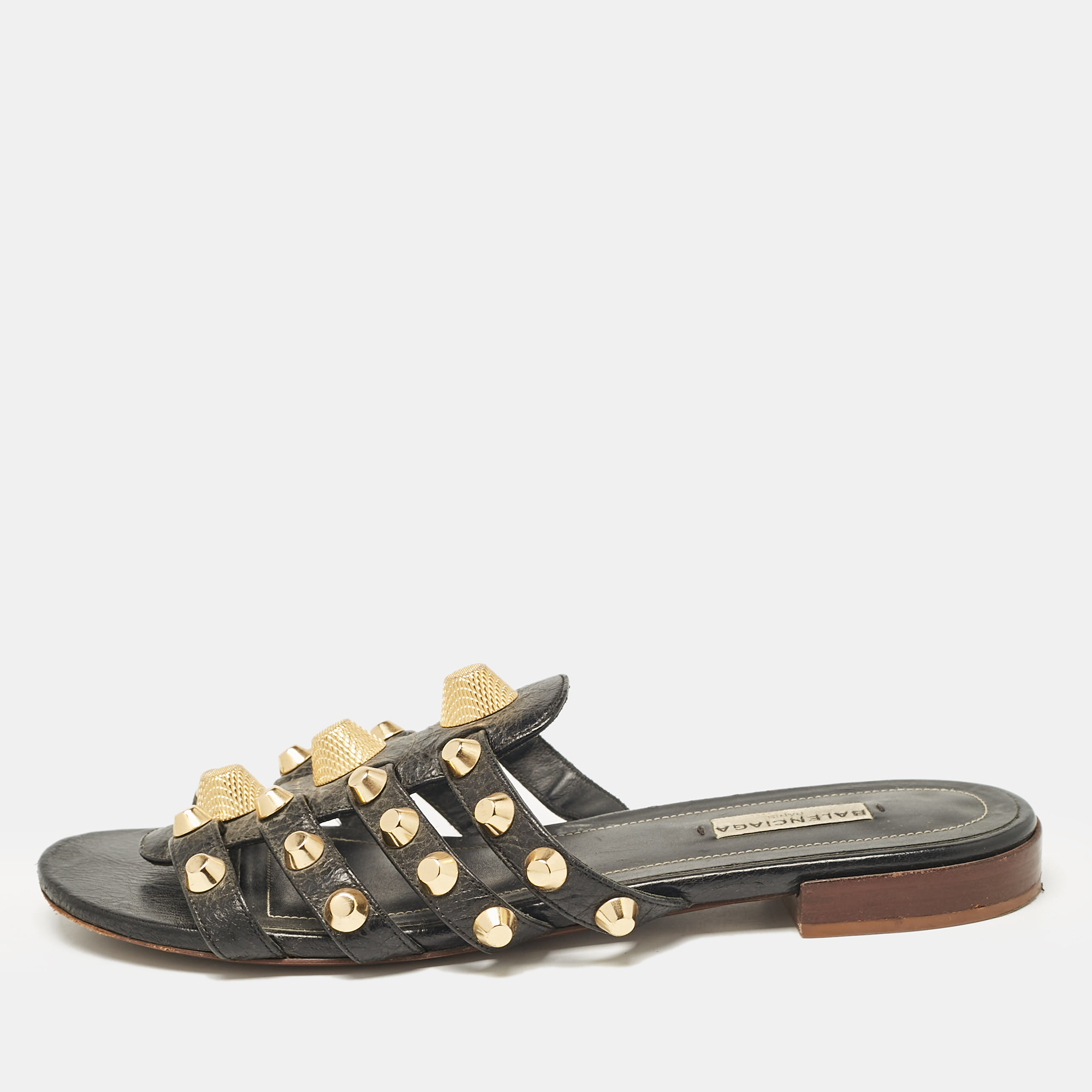 

Balenciaga Black Leather Studded Arena Flat Slides Size