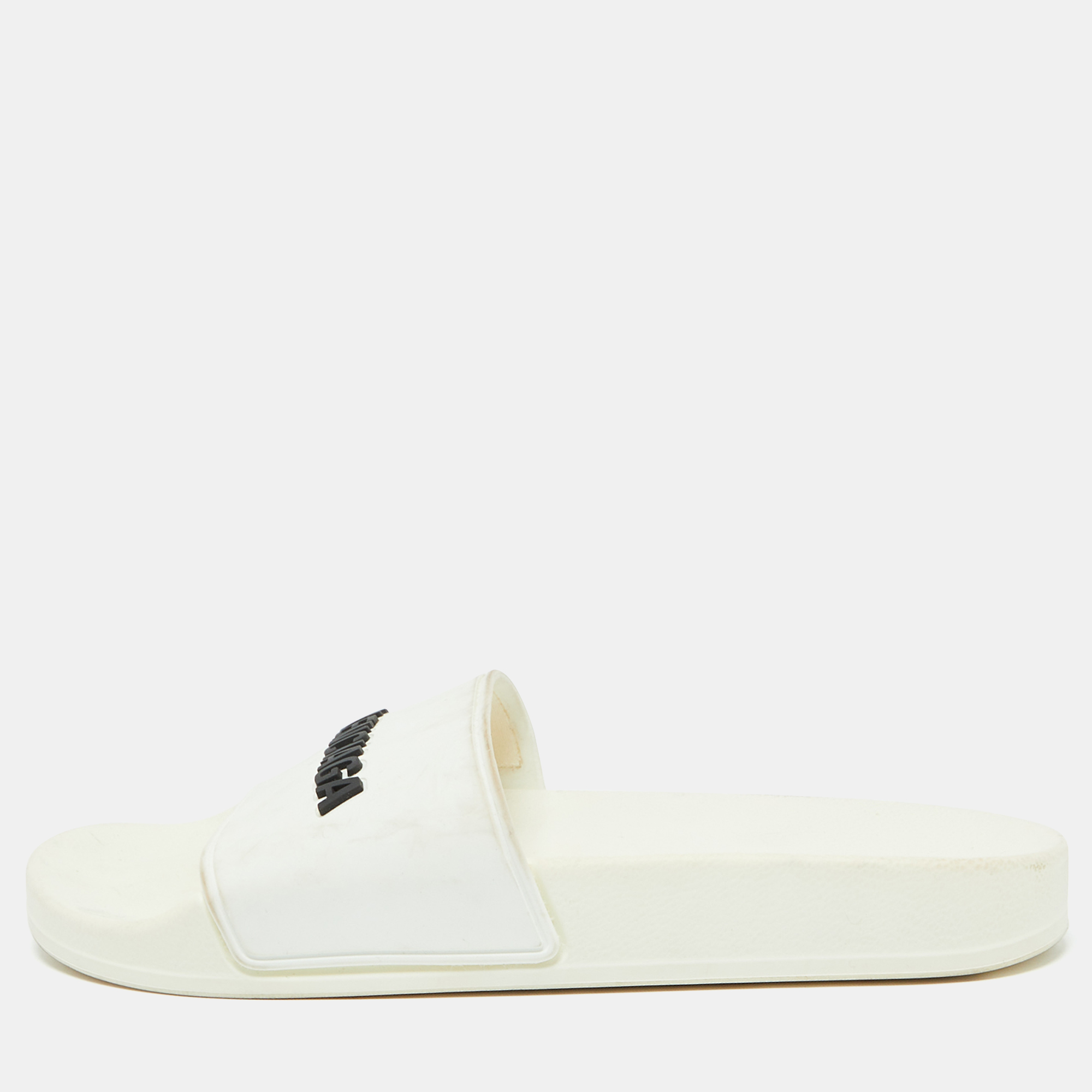 

Balenciaga White Rubber Logo Pool Slides Size