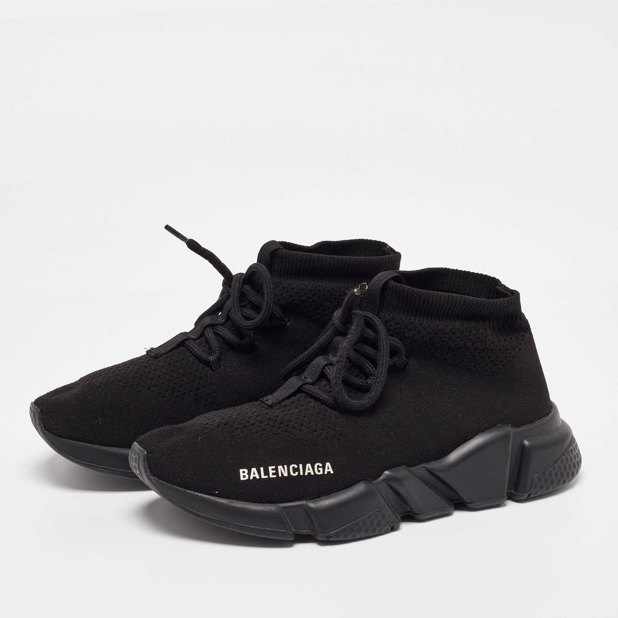 Balenciaga Black Knit Fabric Speed 2.0 Lace up Sneakers Size 37 