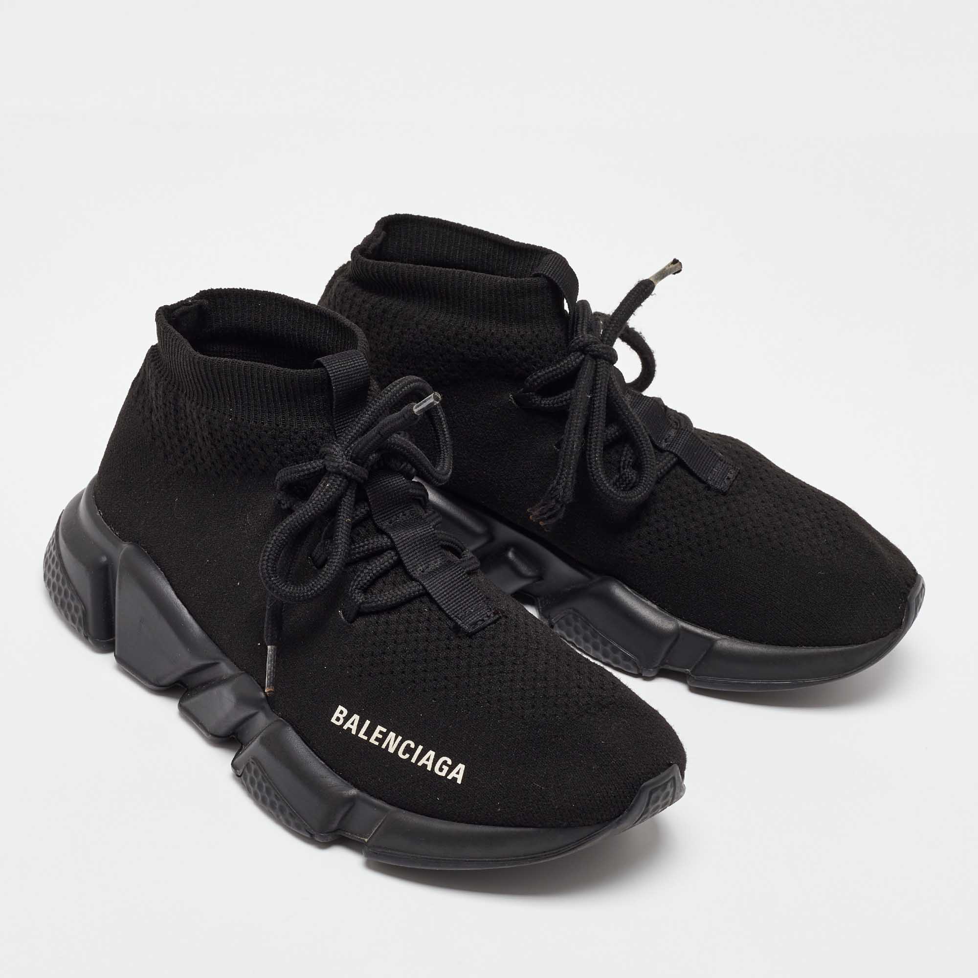 Balenciaga Black Knit Fabric Speed 2.0 Lace up Sneakers Size 37 