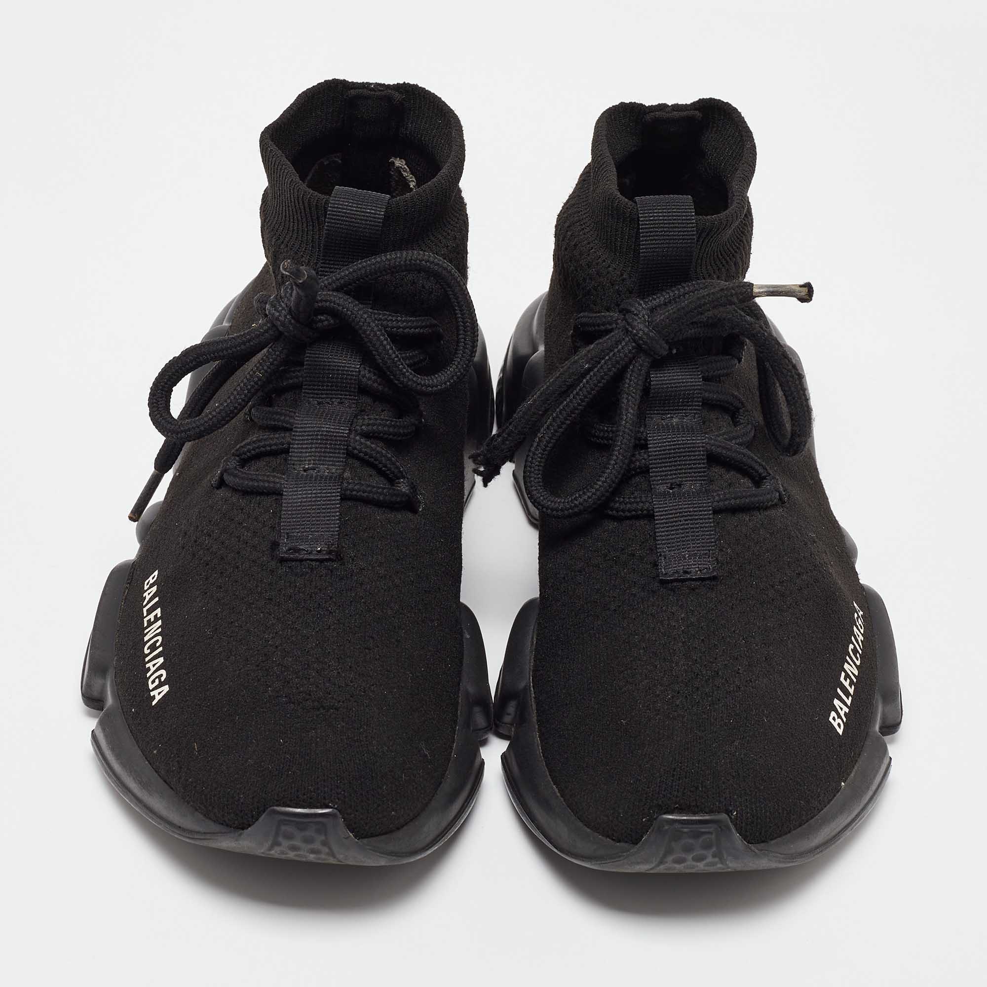 Balenciaga Black Knit Fabric Speed 2.0 Lace up Sneakers Size 37 