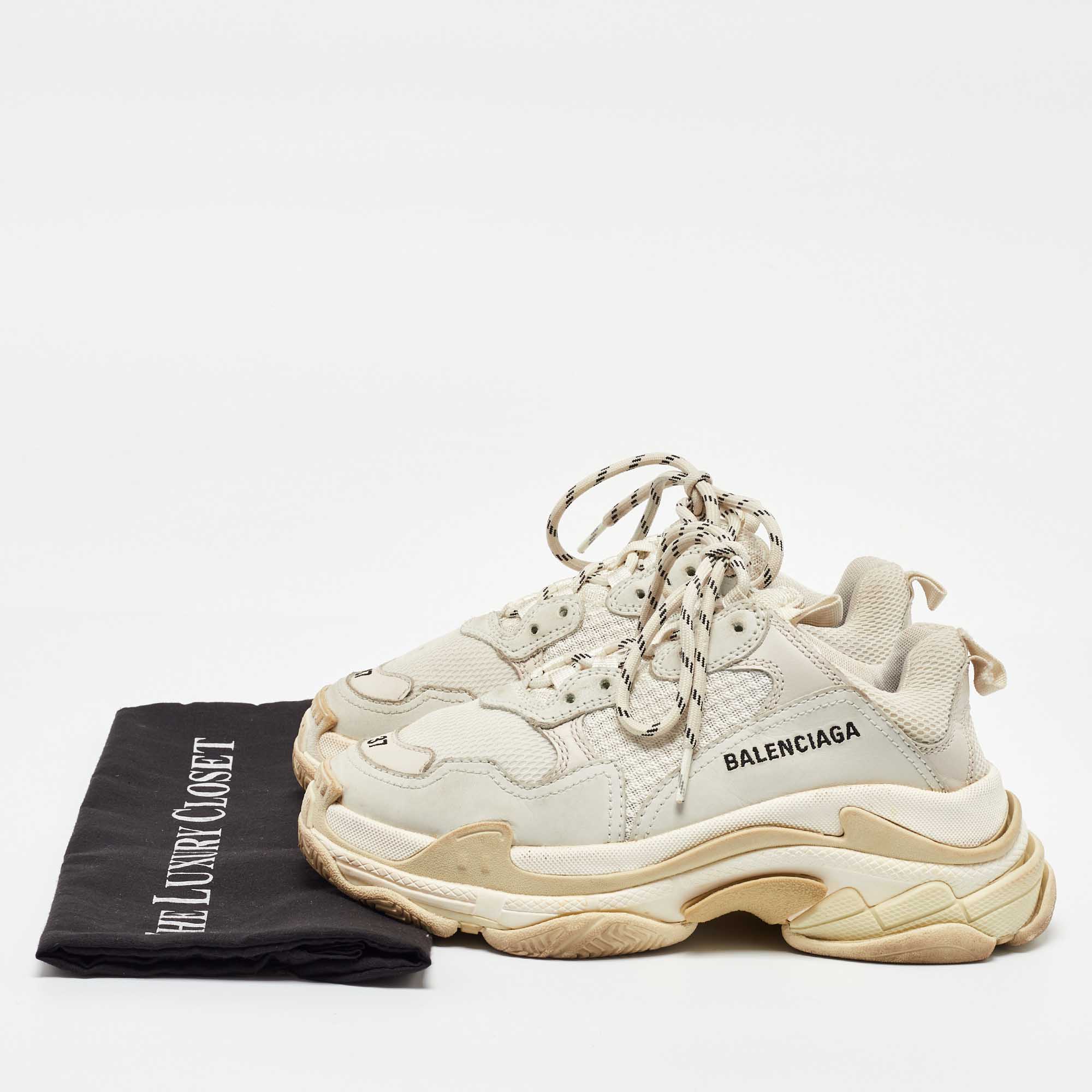 Balenciaga White/Grey Faux Leather and Mesh Triple S Sneakers Size 37 