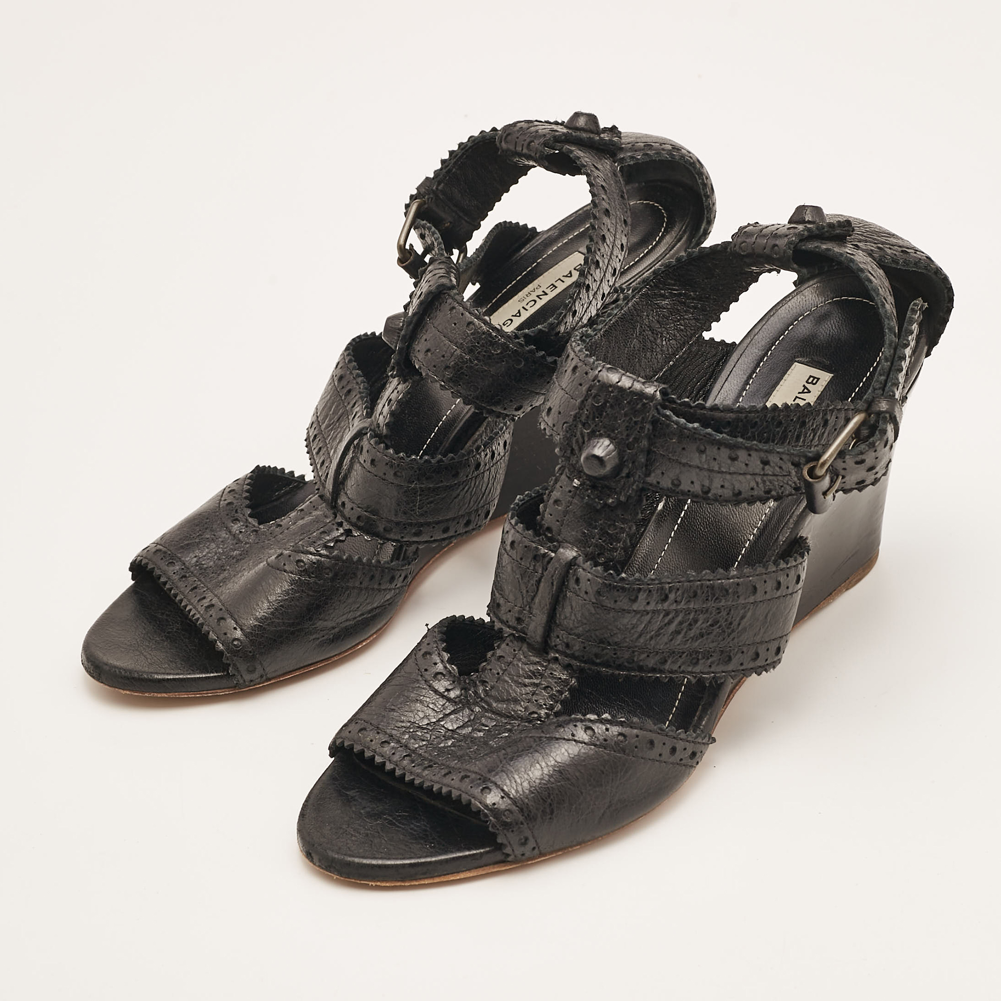 Balenciaga Black Leather Ankle Strap Wedge Sandals Size 39 
