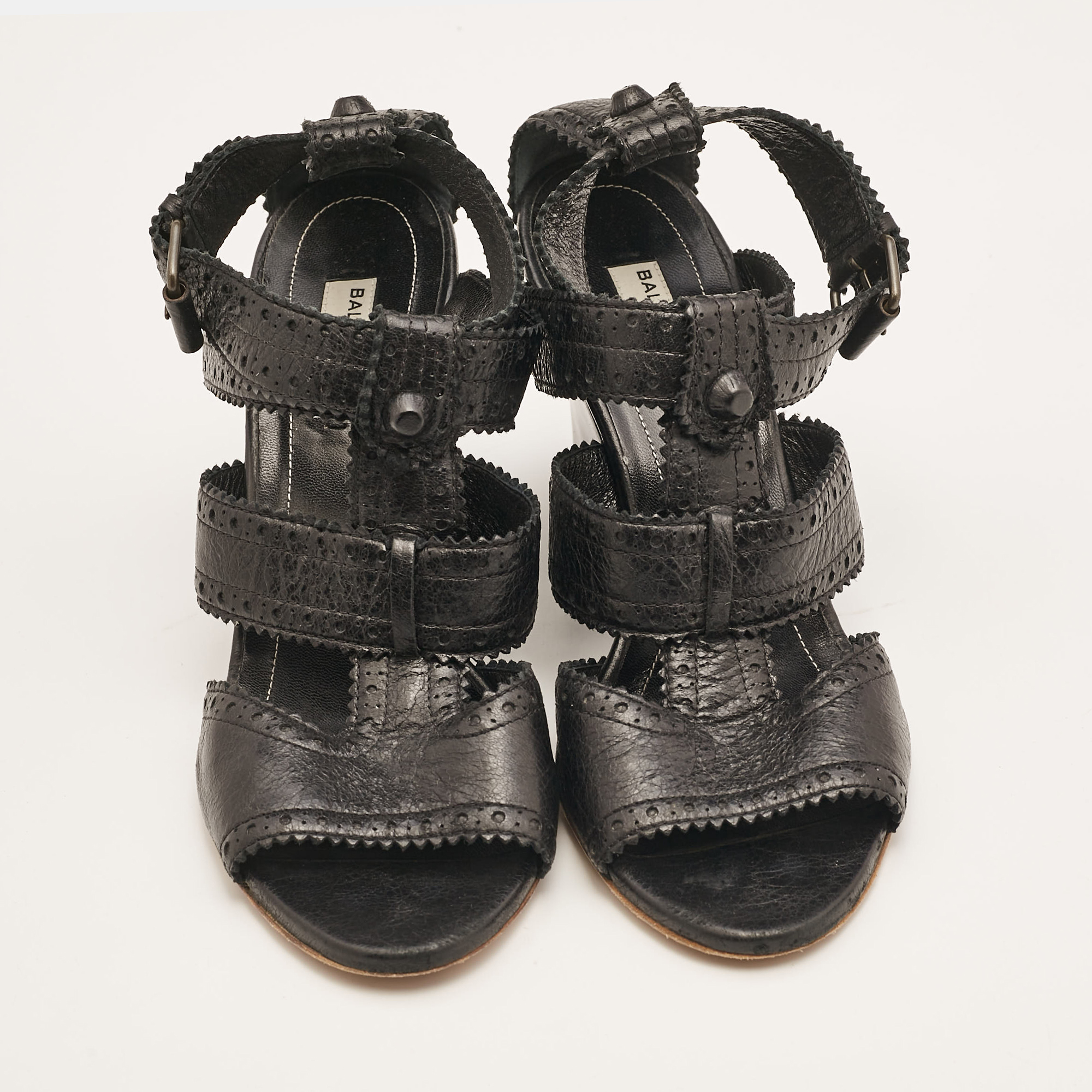 Balenciaga Black Leather Ankle Strap Wedge Sandals Size 39 