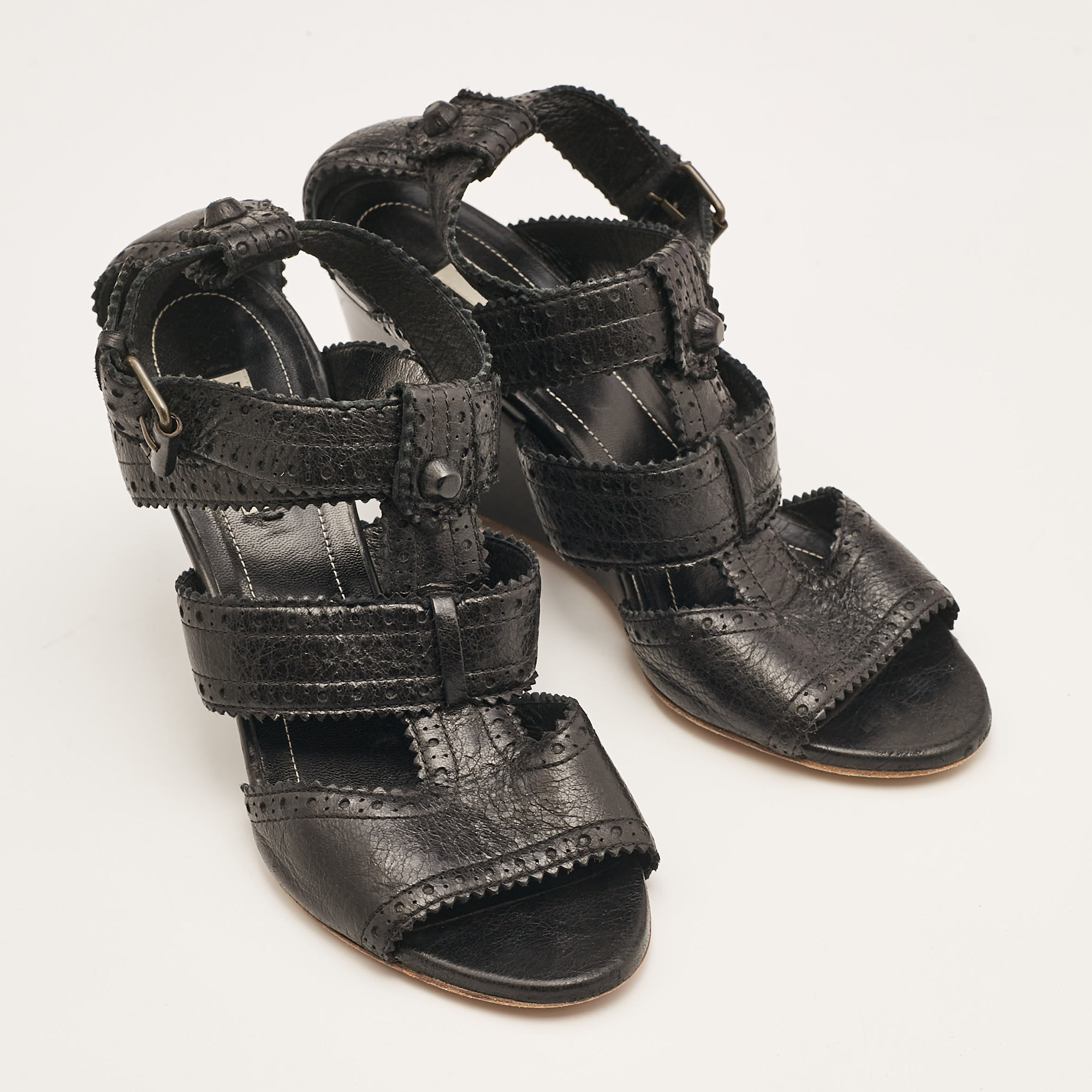 Balenciaga Black Leather Ankle Strap Wedge Sandals Size 39 