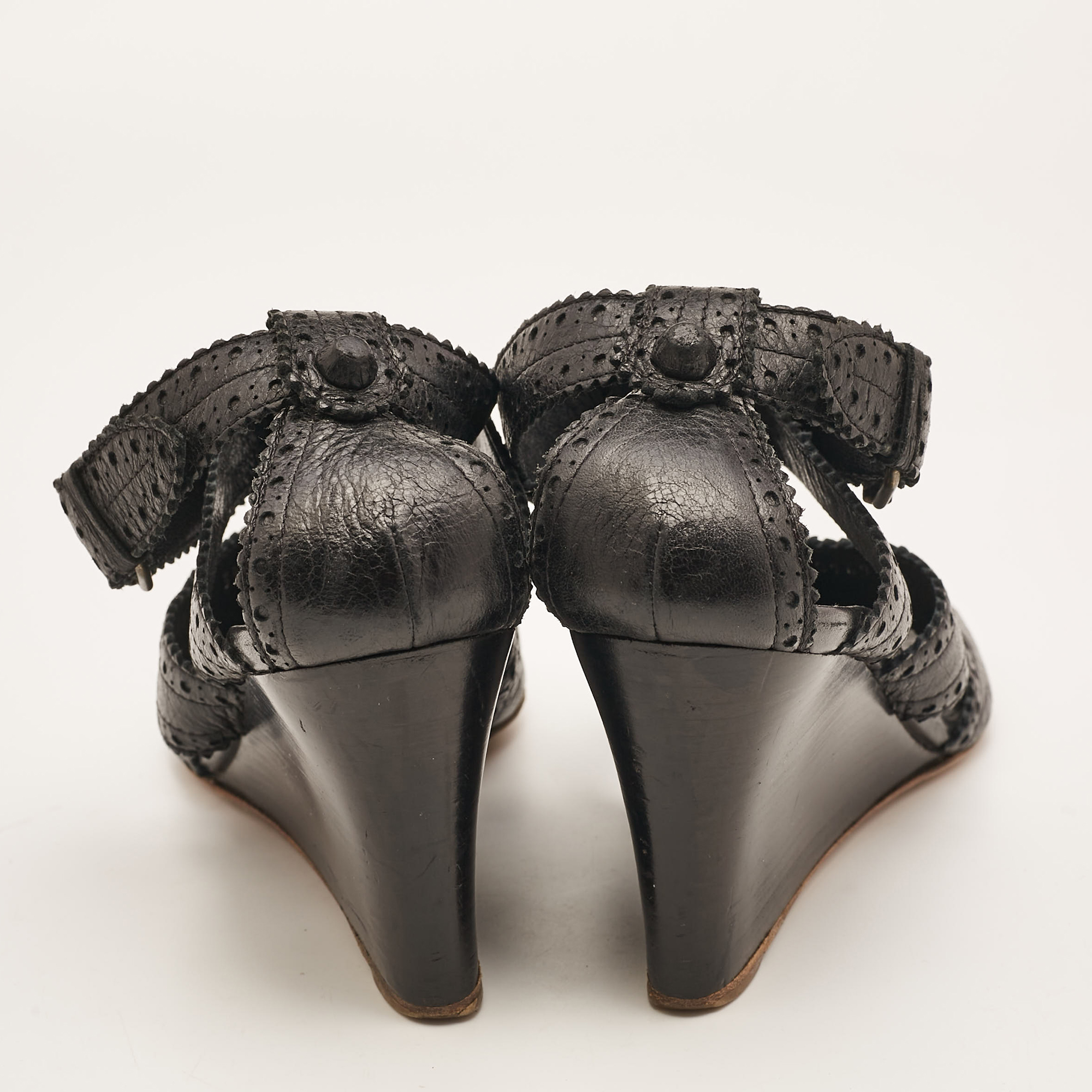 Balenciaga Black Leather Ankle Strap Wedge Sandals Size 39 
