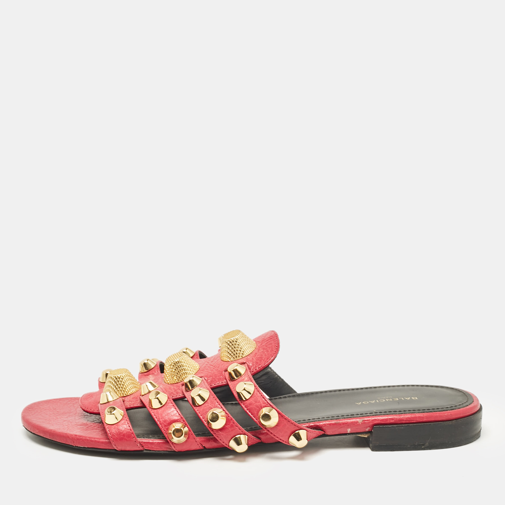 

Balenciaga Pink Leather Studded Arena Flat Slides Size