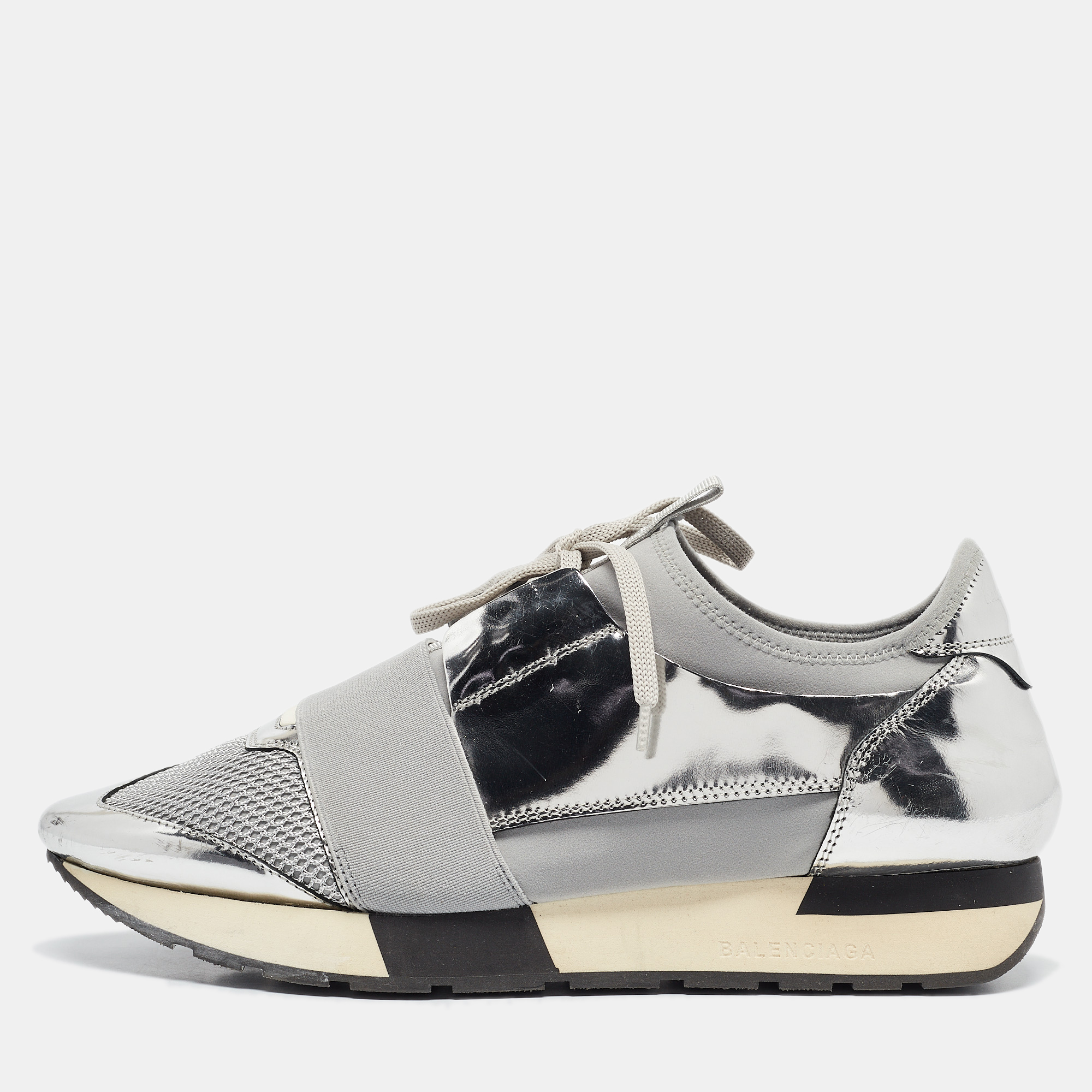 

Balenciaga Silver Leather and Mesh Race Runner Low Top Sneakers Size