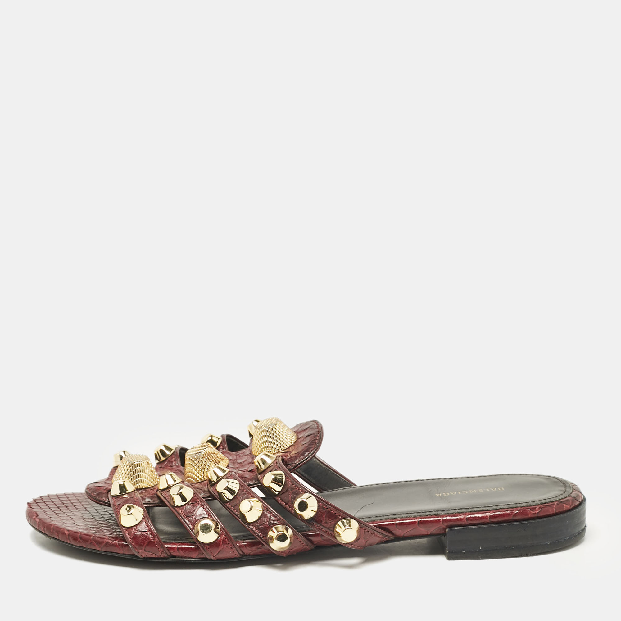 

Balenciaga Burgundy Embossed Python Arena Flat Slides Size