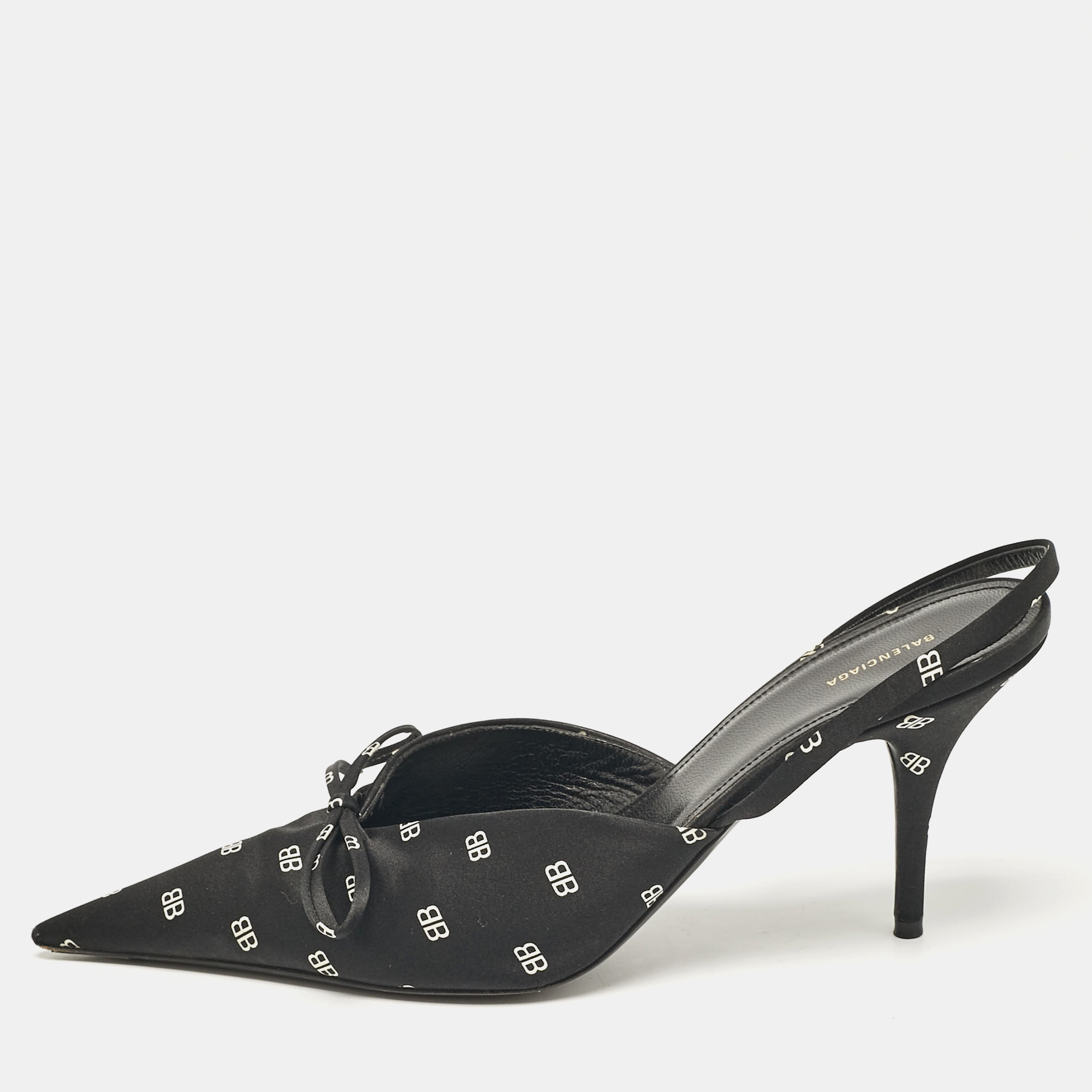 

Balenciaga Black BB Print Satin Bow Knife Slingback Pumps Size