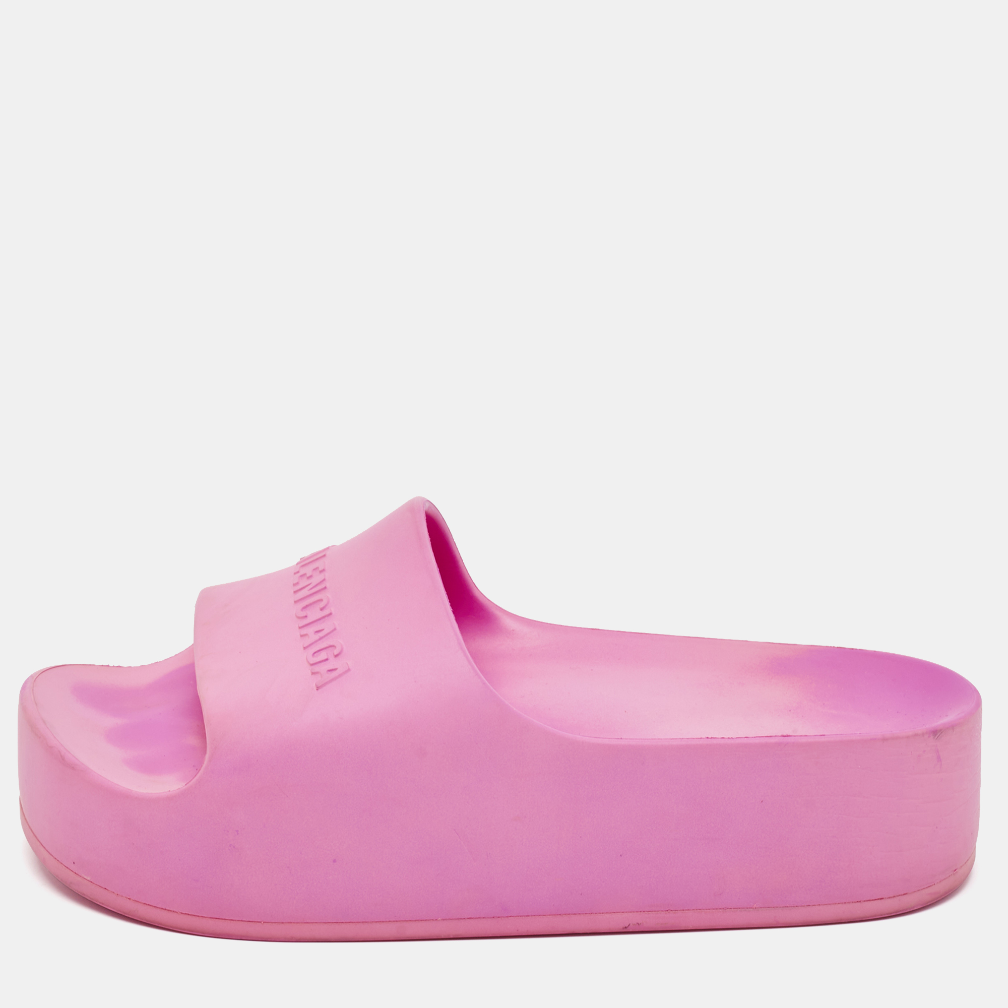 

Balenciaga Pink Rubber Embossed Logo Chunky Slides Size