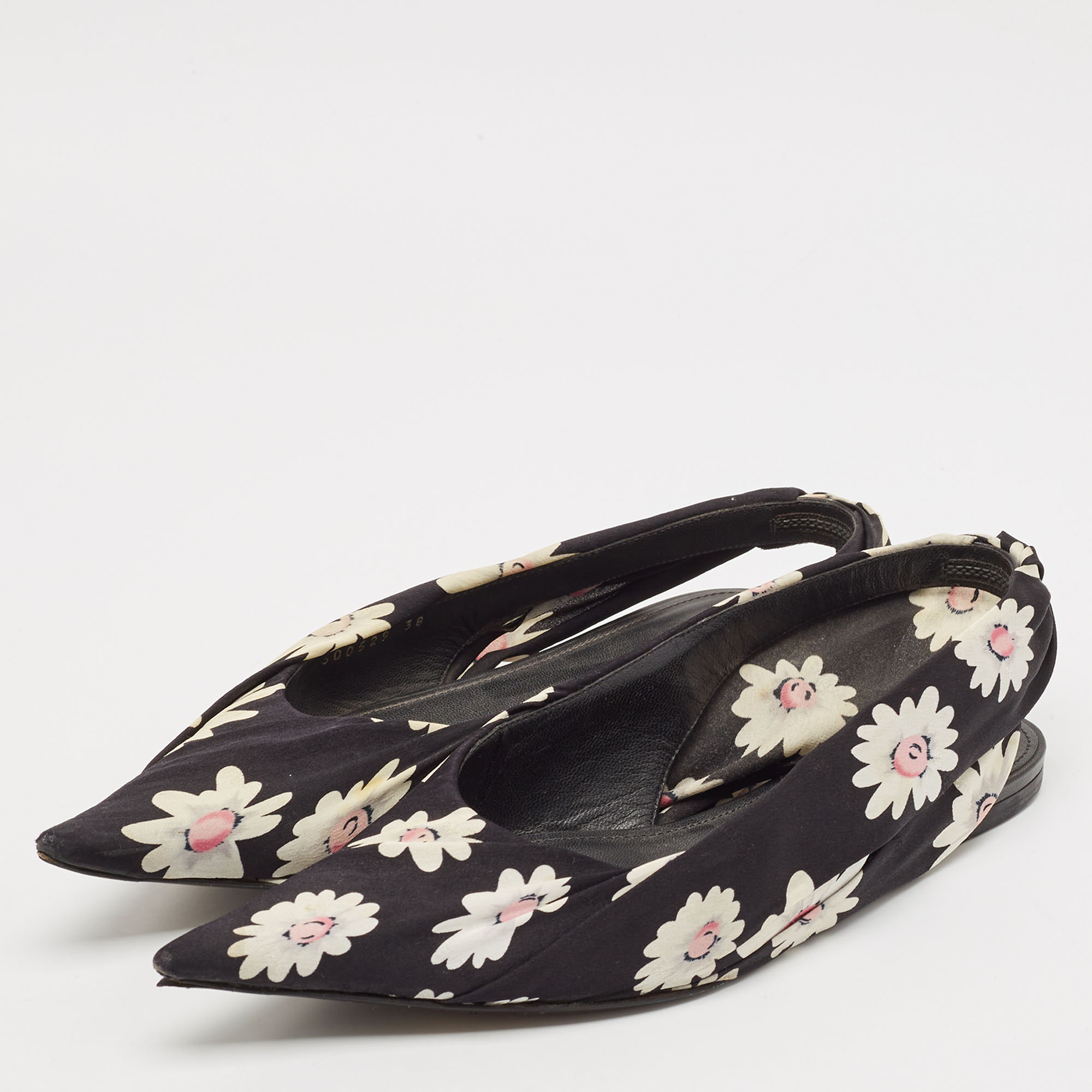 Balenciaga Black Floral Print Fabric Pointed Toe Slingback Flats Size 38 