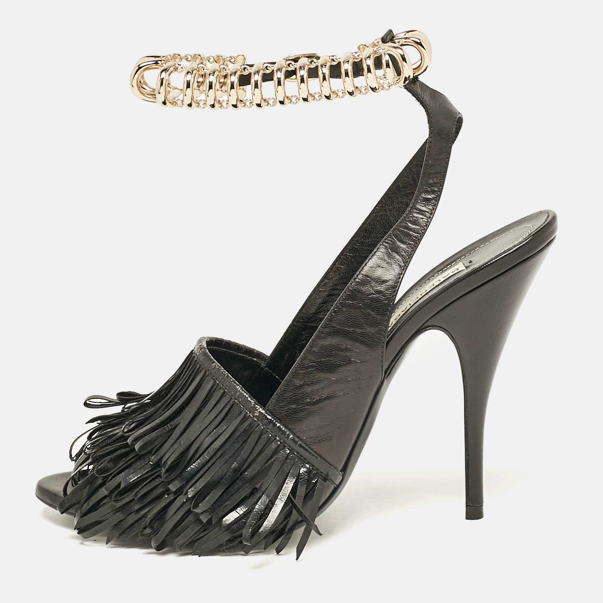 

Balenciaga Black Fringe Leather Chain Detail Ankle Strap Sandals Size