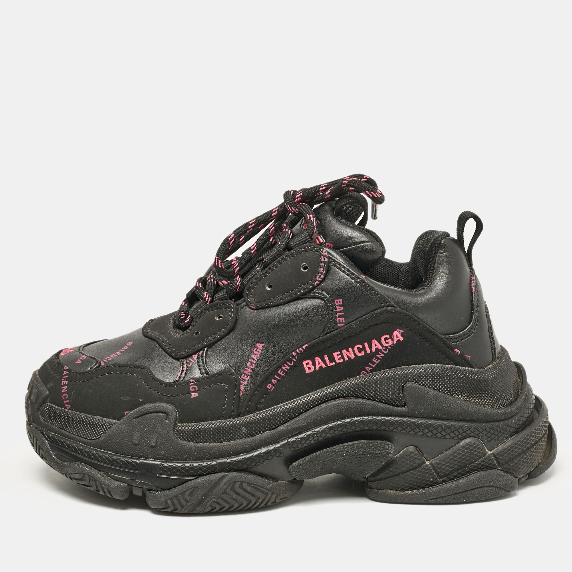 

Balenciaga Black Faux Leather Triple S All Over Logo Sneakers Size