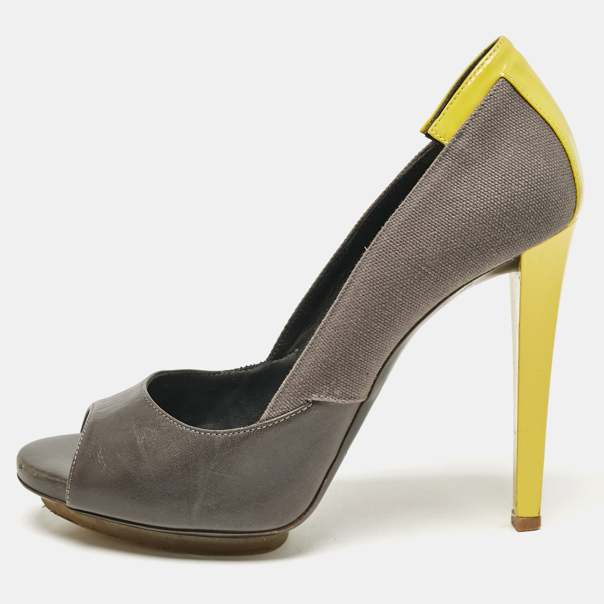 

Balenciaga Grey Canvas and Leather Peep Toe Pumps Size