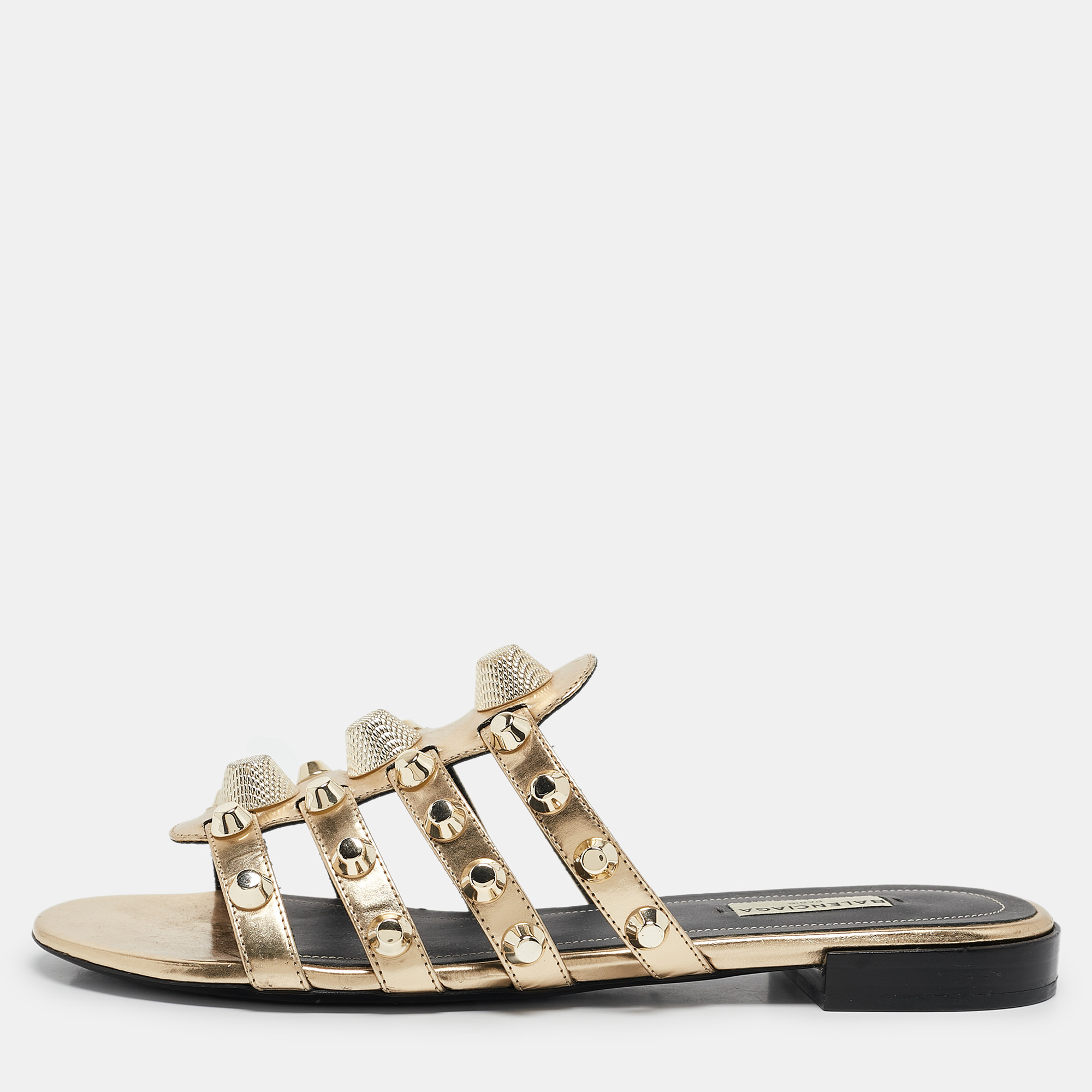 

Balenciaga Gold Leather Arena Studded Strappy Flat Slides Size