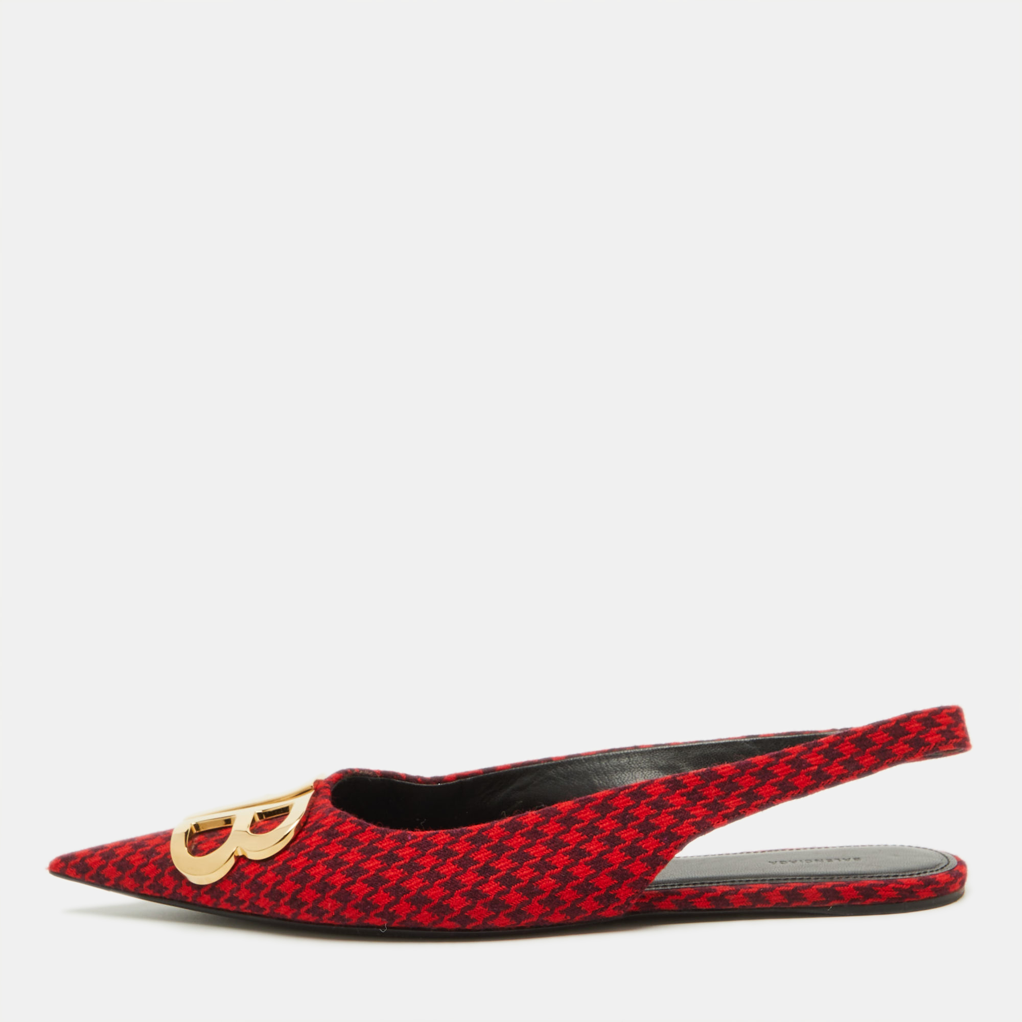 

Balenciaga Red Houndstooth Tweed Knife BB Knife Pointy Toe Slingback Flats Size