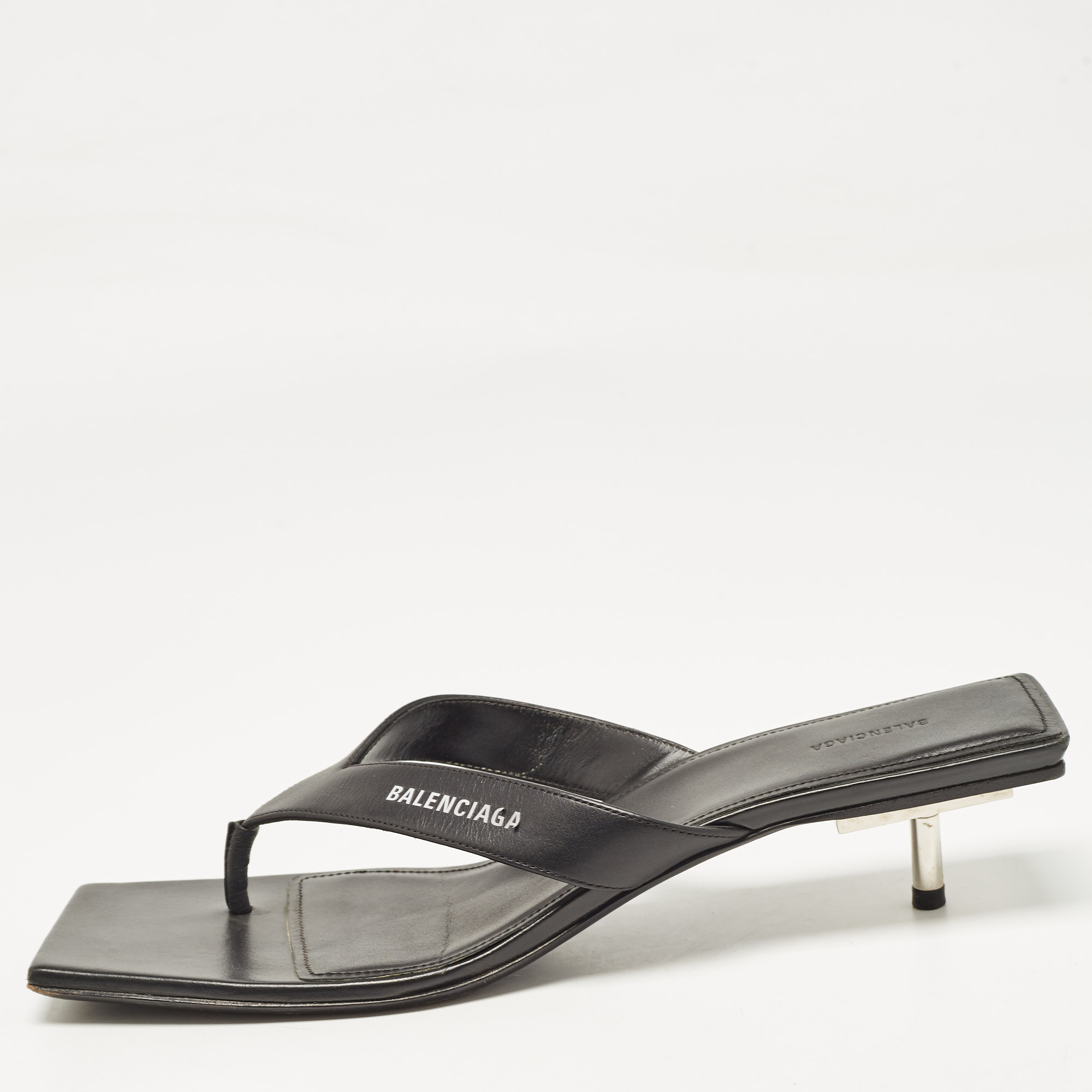 

Balenciaga Black Leather Thong Slide Sandals Size