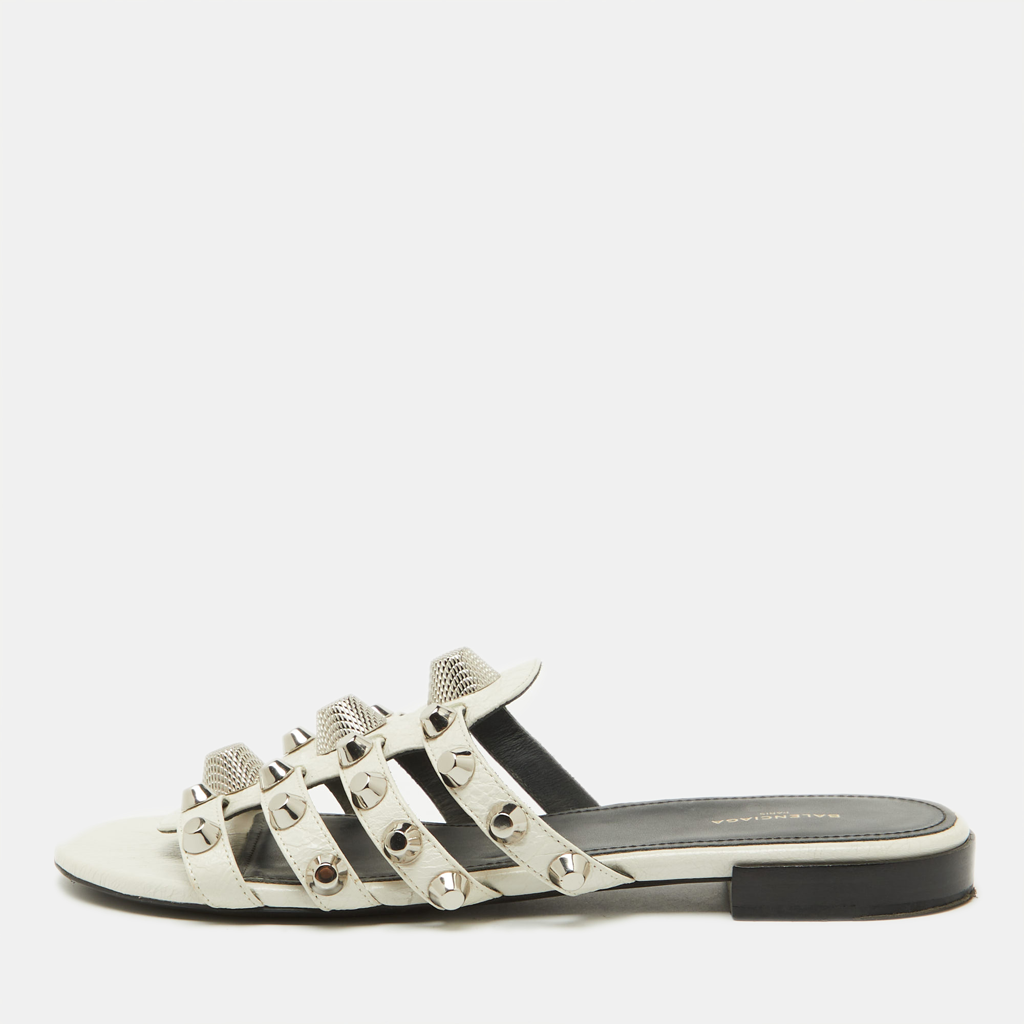 

Balenciaga White Leather Studded Arena Flat Slide Sandals Size