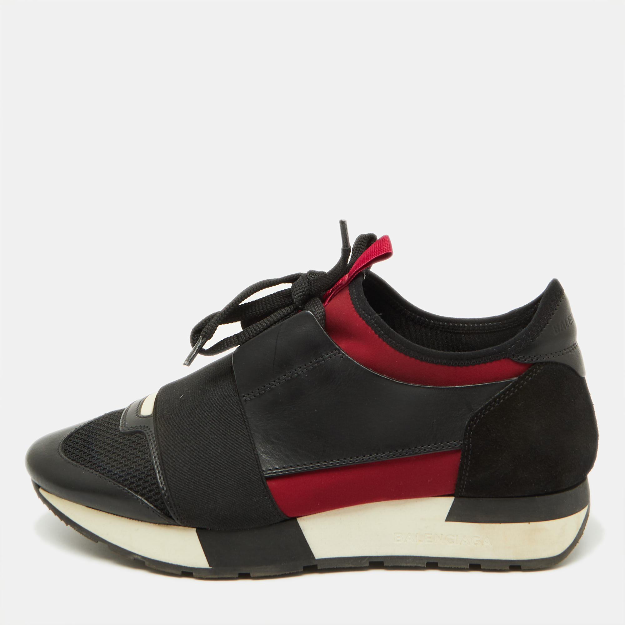 

Balenciaga Black/Burgundy Leather and Mesh Race Runner Sneakers Size