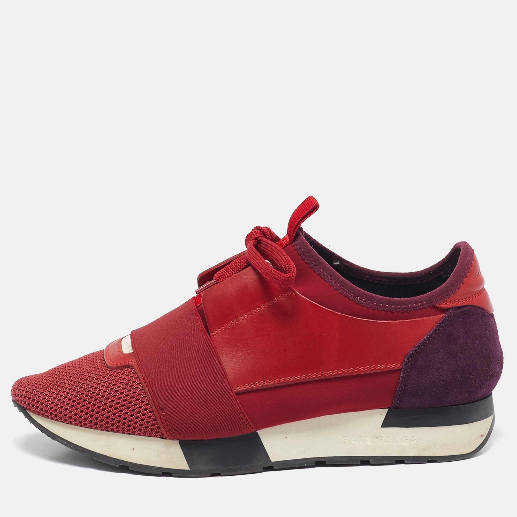 

Balenciaga Red Mesh And Leather Race Runner Low Top Sneakers Size