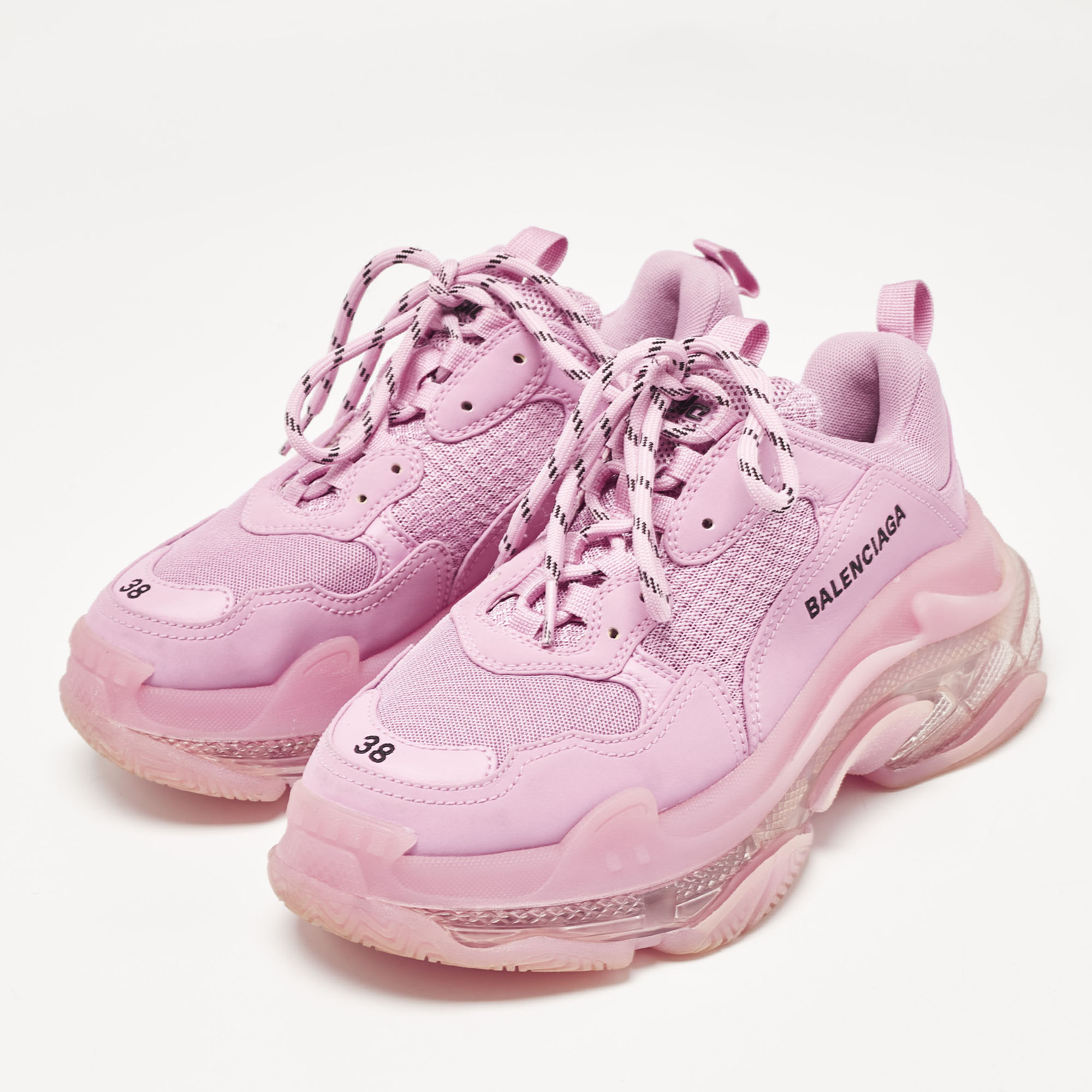 Balenciaga Pink Leather and Mesh Triple S Lace Up Sneakers Size 38 