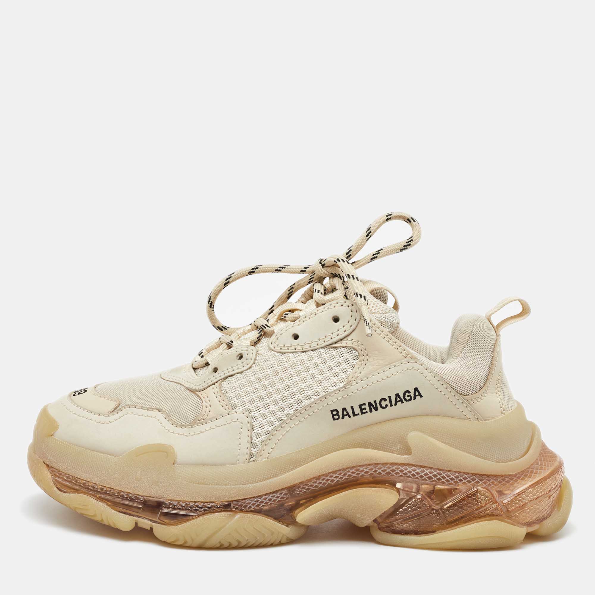 

Balenciaga Cream Mesh and Faux Leather Triple S Clear Sole Sneakers Size