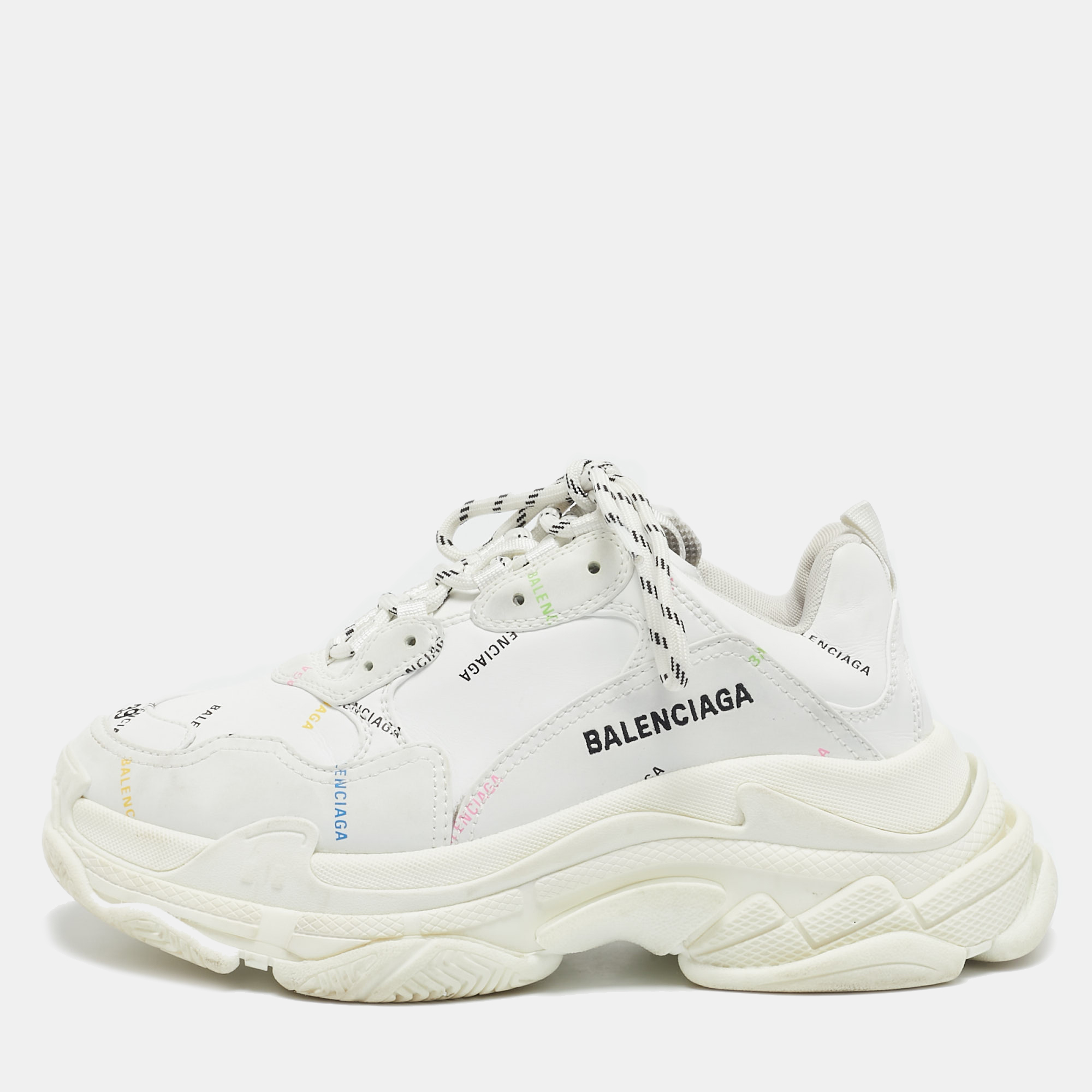 

Balenciaga White Leather Triple S All Over Logo Sneakers Size