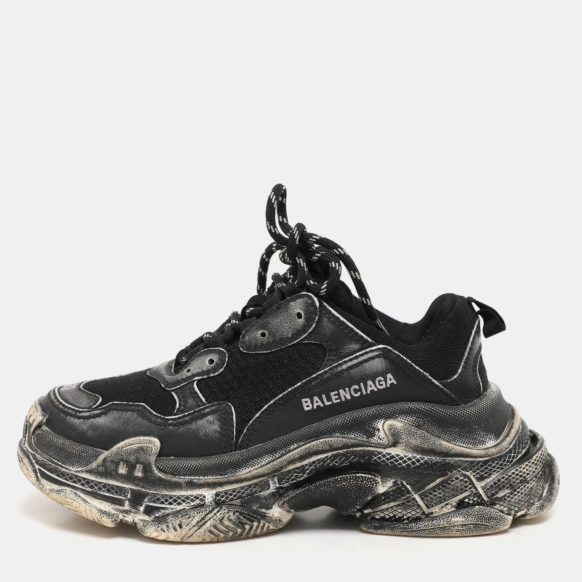 

Balenciaga Black Leather and Mesh Triple S Distressed Low Top Sneakers Size