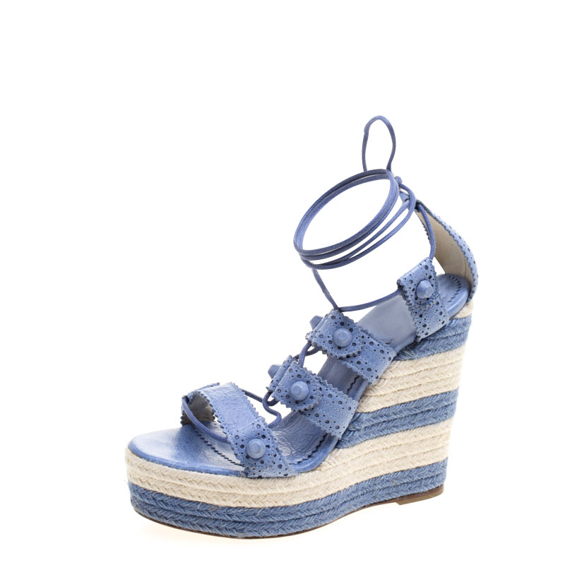 Pre Owned Balenciaga Blue Leather Lace Up Espadrille Wedges Size 40