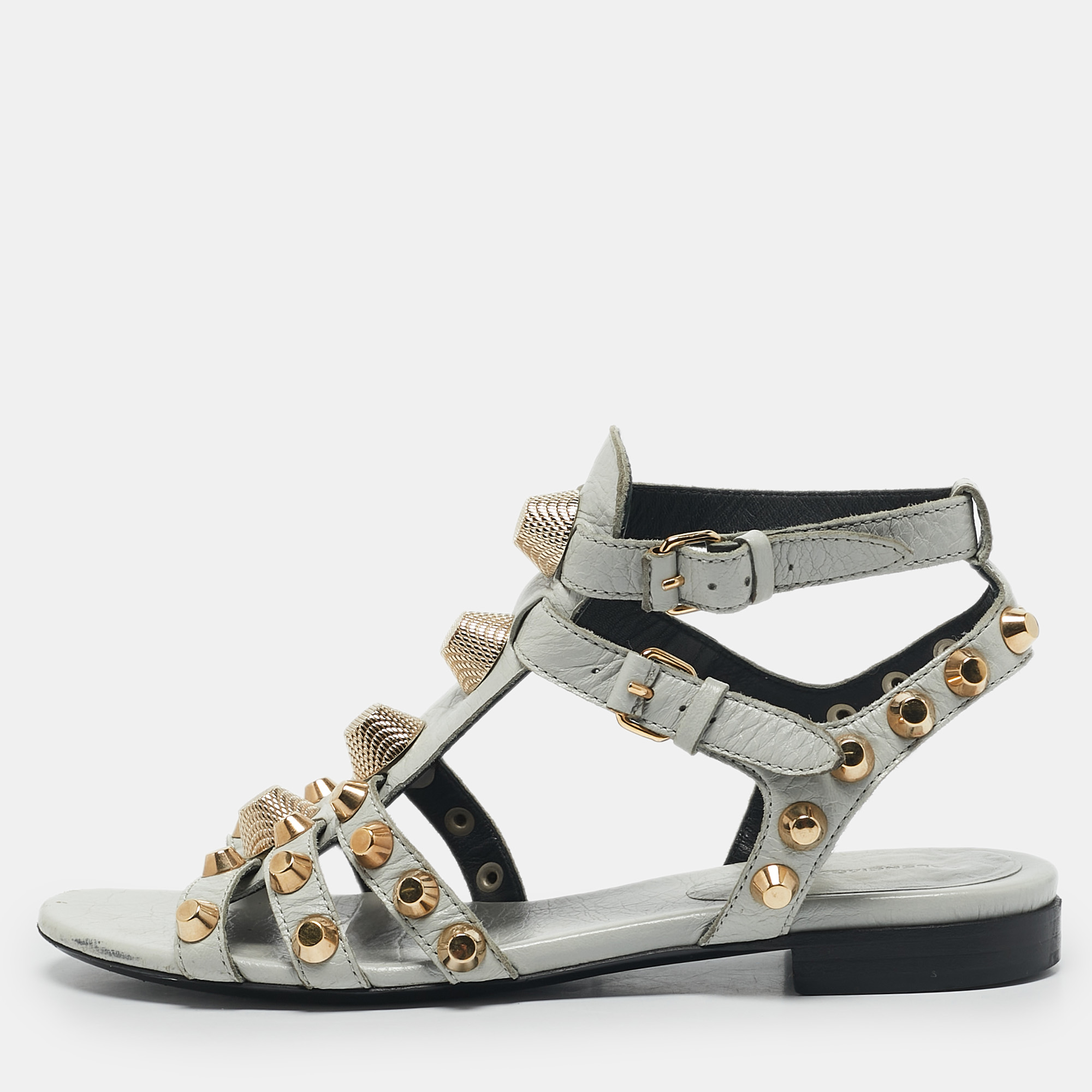 

Balenciaga Grey Leather Studded Ankle Strap Flat Sandals Size