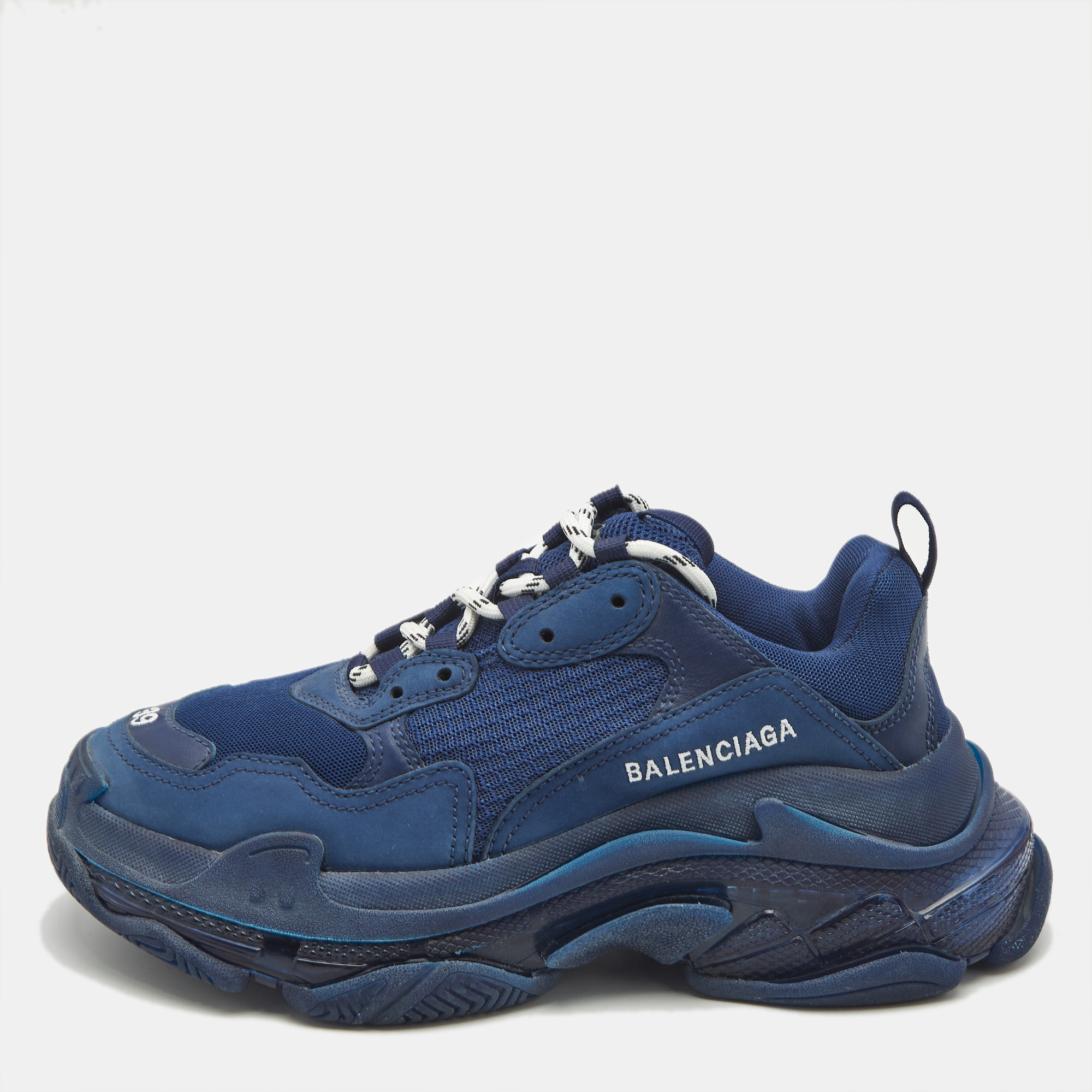 

Balenciaga Blue Leather and Mesh Triple S Clear Sneakers Size