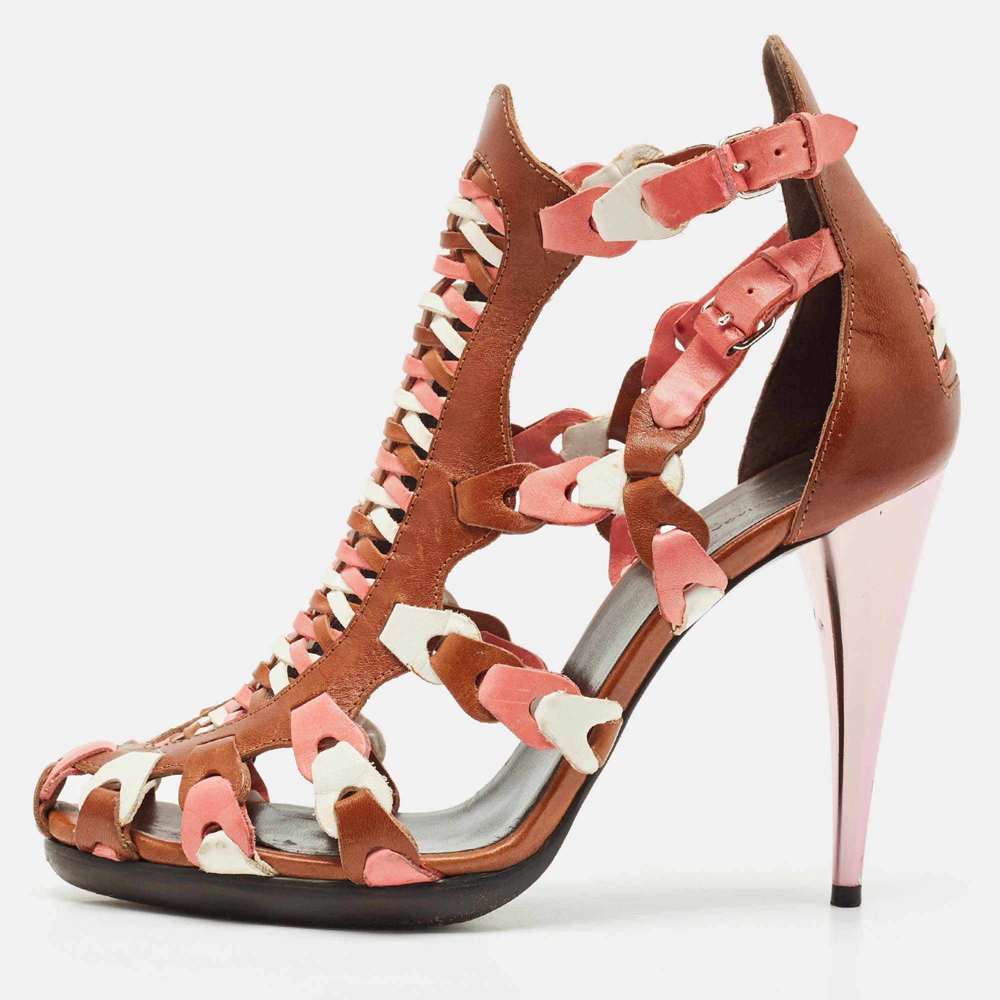 

Balenciaga Multicolor Woven Leather Ankle Strap Sandals Size