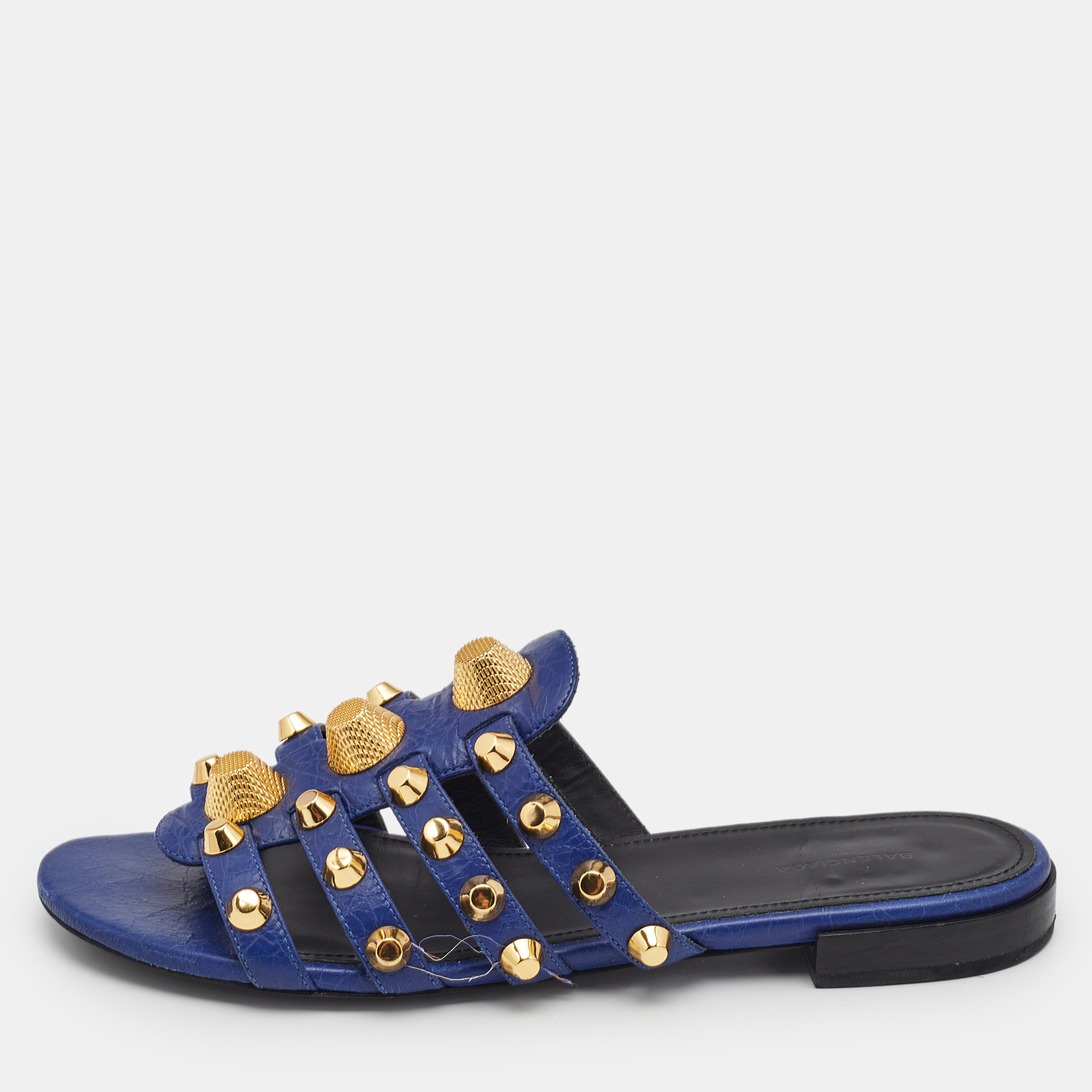 

Balenciaga Blue Leather Arena Flat Slides Size