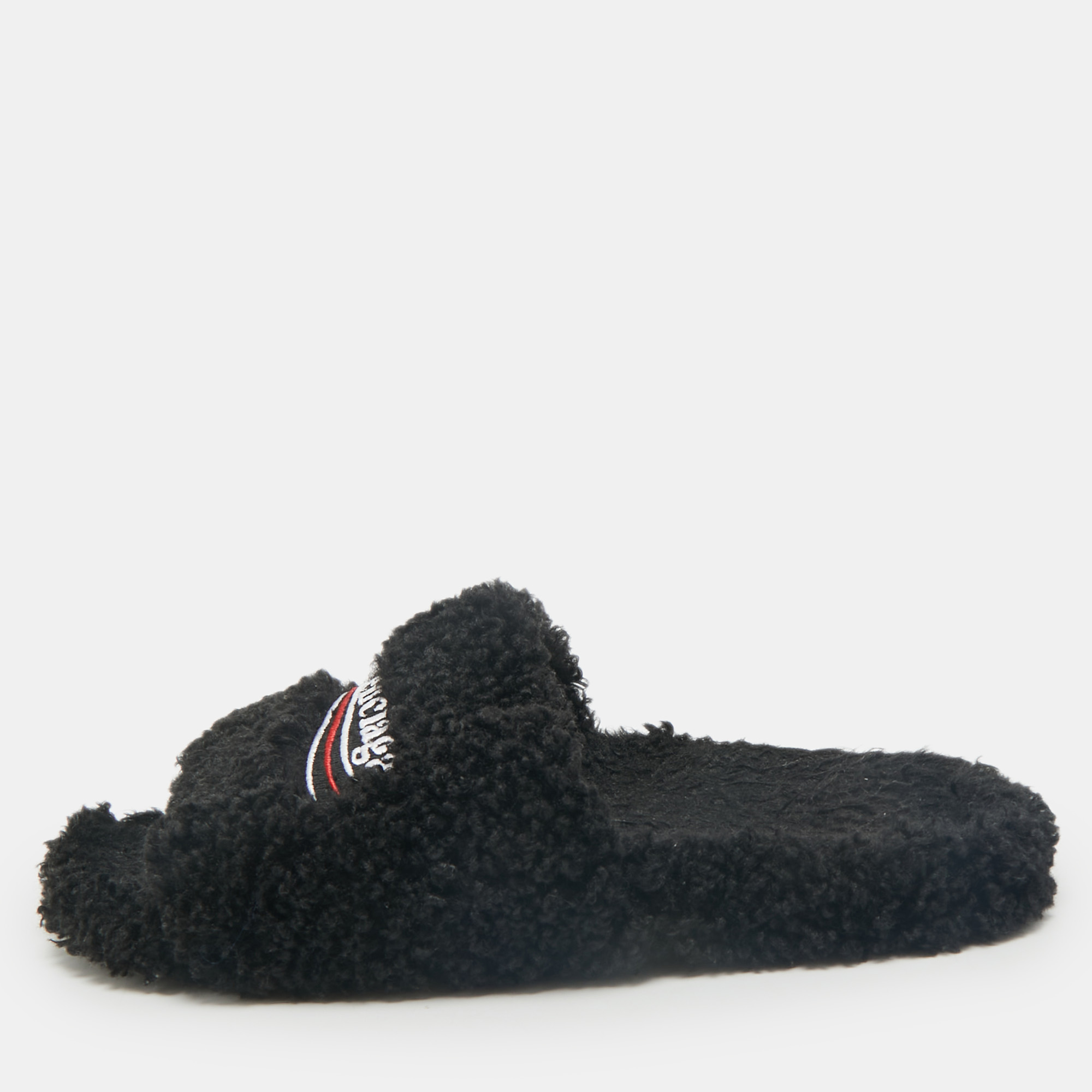 

Balenciaga Black Faux Shearling Fur Furry Slide Sandals Size
