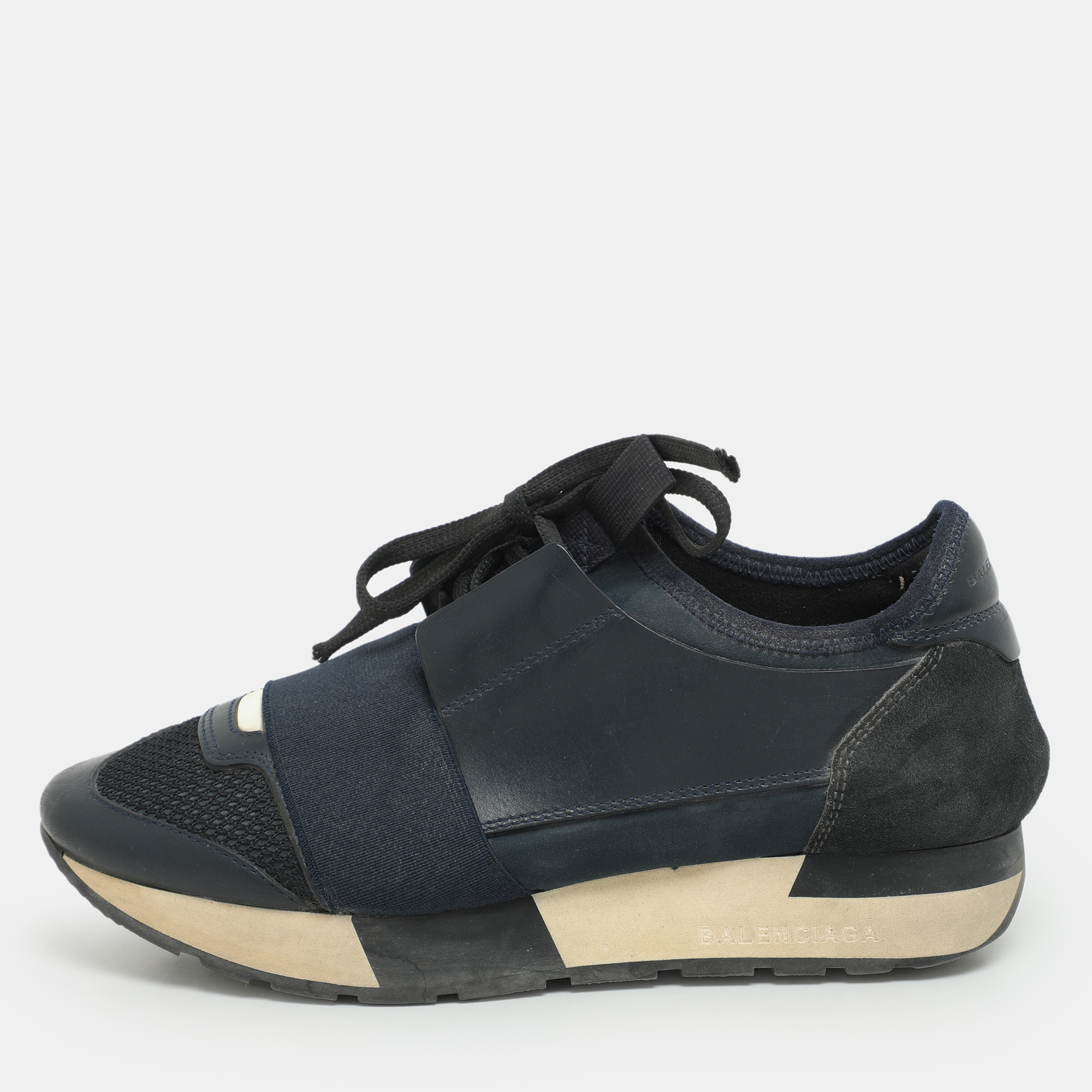

Balenciaga Navy Blue Leather and Mesh Race Runner Low Top Sneakers Size