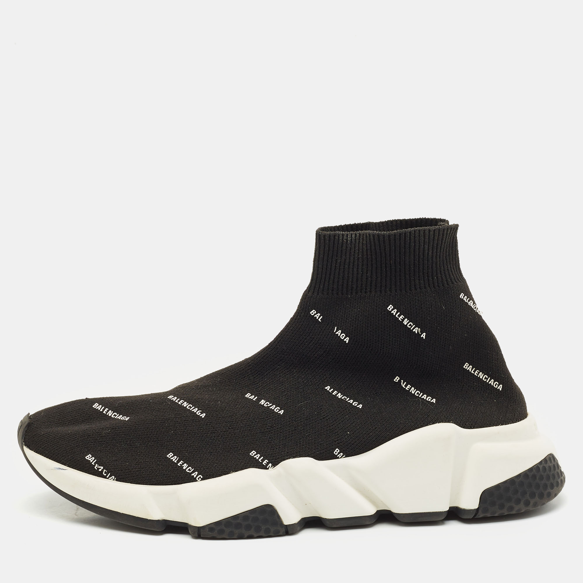 

Balenciaga Black/White Knit Fabric Allover Logo Speed Trainer Sneakers Size