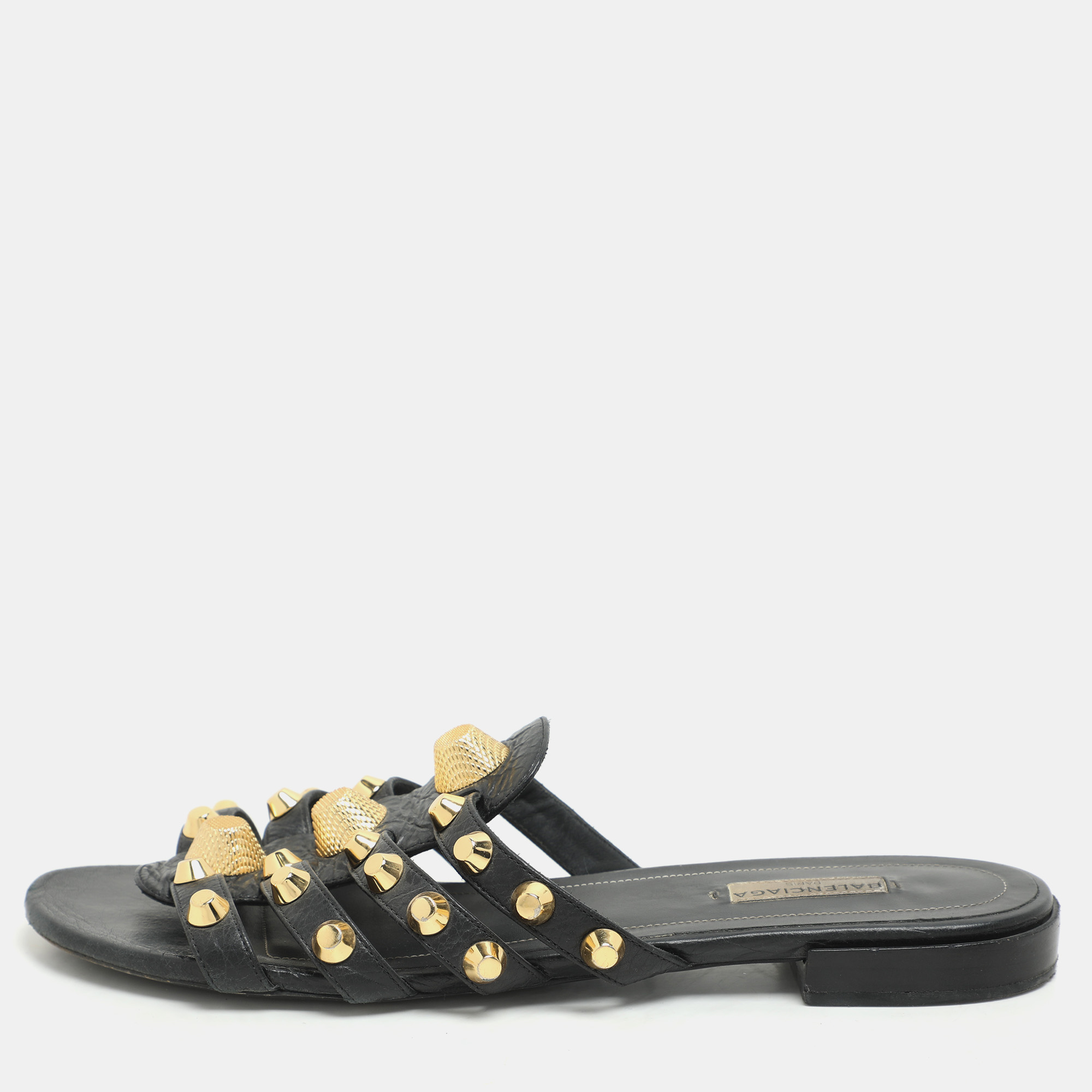 Pre-owned Balenciaga Black Leather Studded Arena Flat Slides Size 39.5