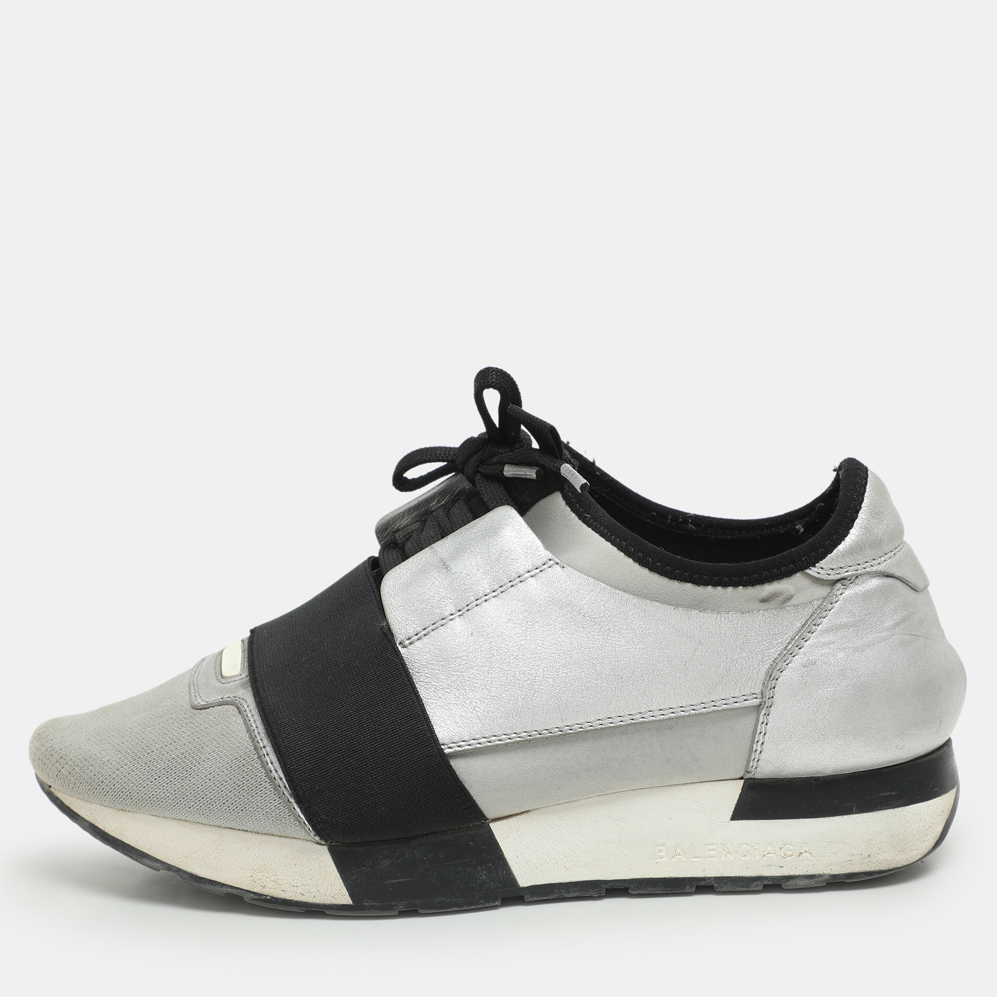 

Balenciaga Grey/Silver Knit Fabric and Leather Race Runner Low Top Sneakers Size