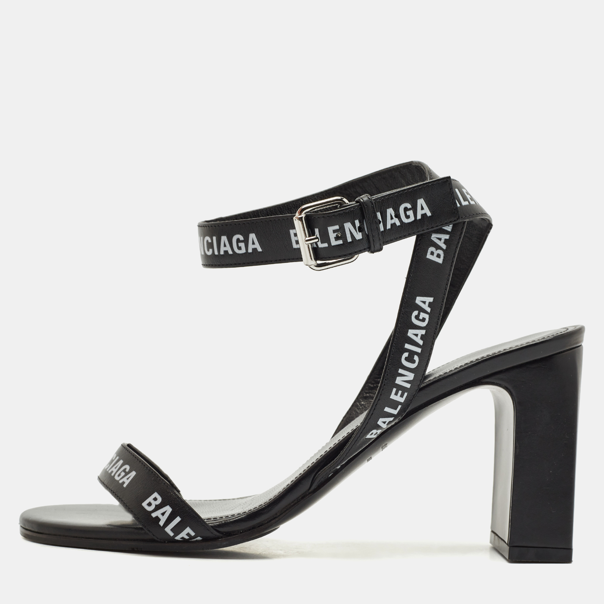 

Balenciaga Black Logo Print Leather Ankle Strap Sandals Size
