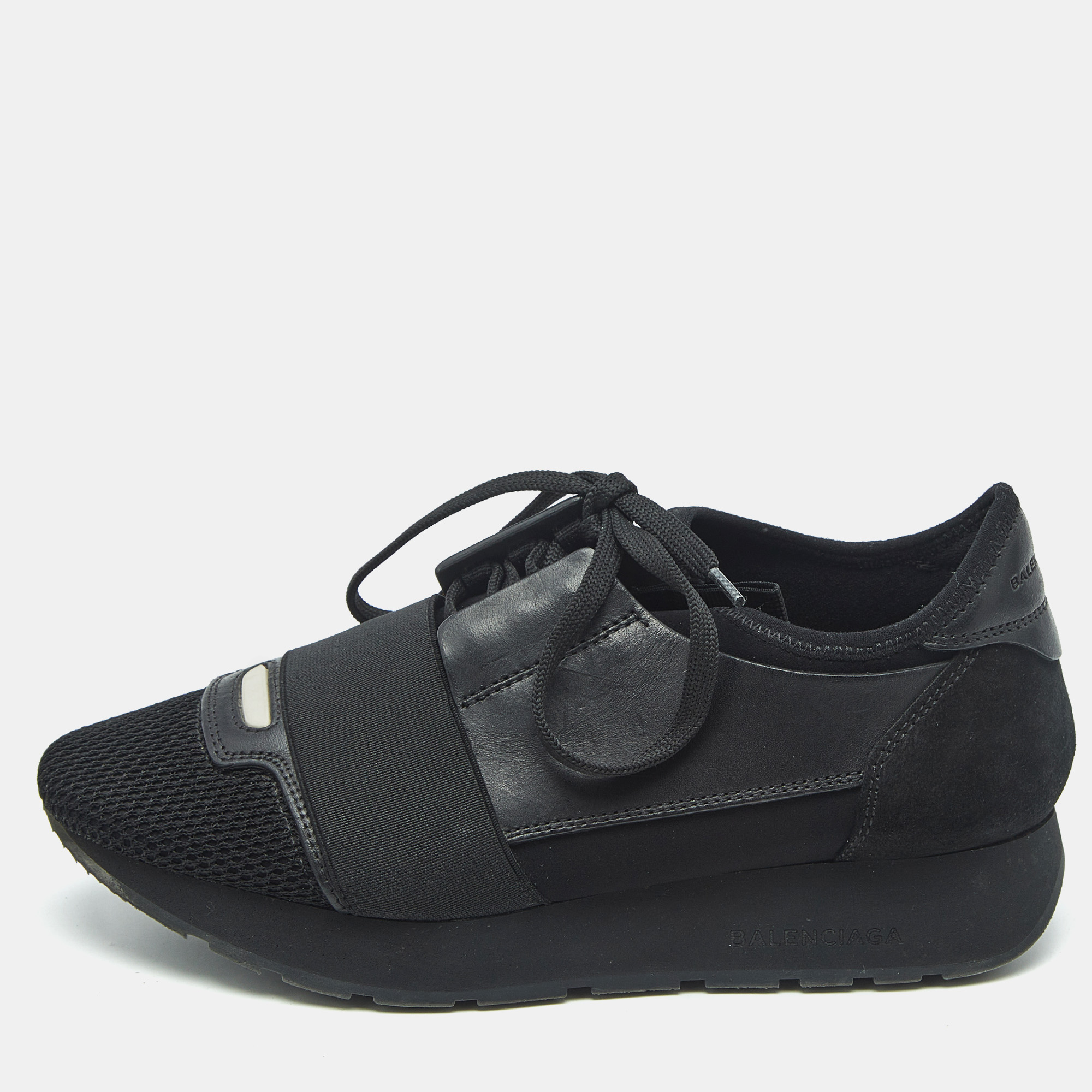 

Balenciaga Black Leather and Mesh Race Runner Low Top Sneakers Size