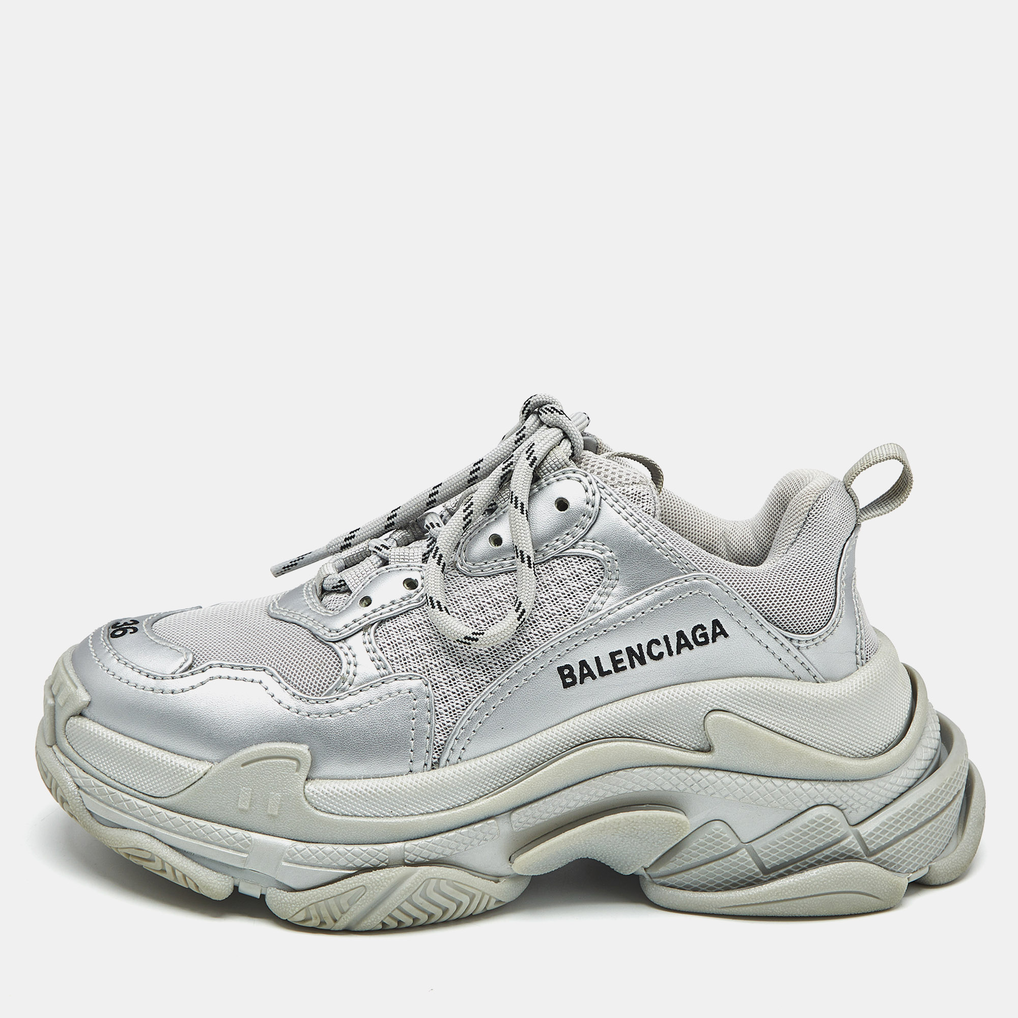 

Balenciaga Silver Faux Leather and Mesh Triple S Sneakers Size