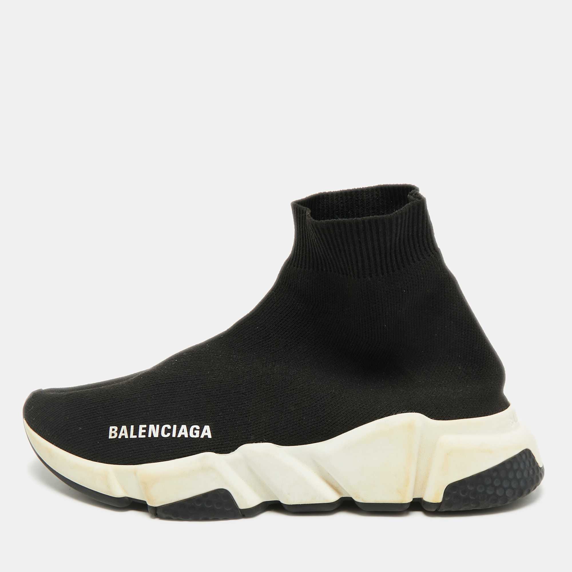Pre-owned Balenciaga Black Knit Fabric Speed Trainer Slip On Sneakers Size 36