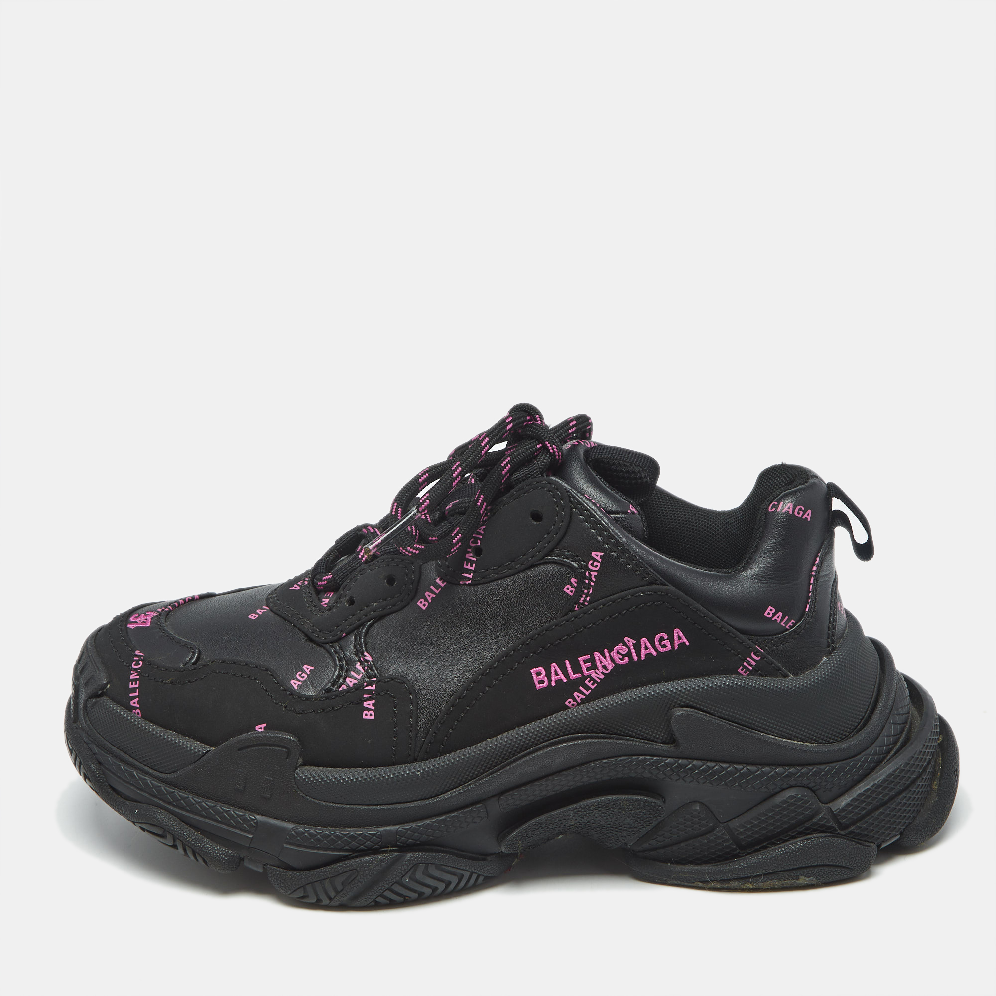 

Balenciaga Black Faux Leather Triple S All Over Logo Sneakers Size